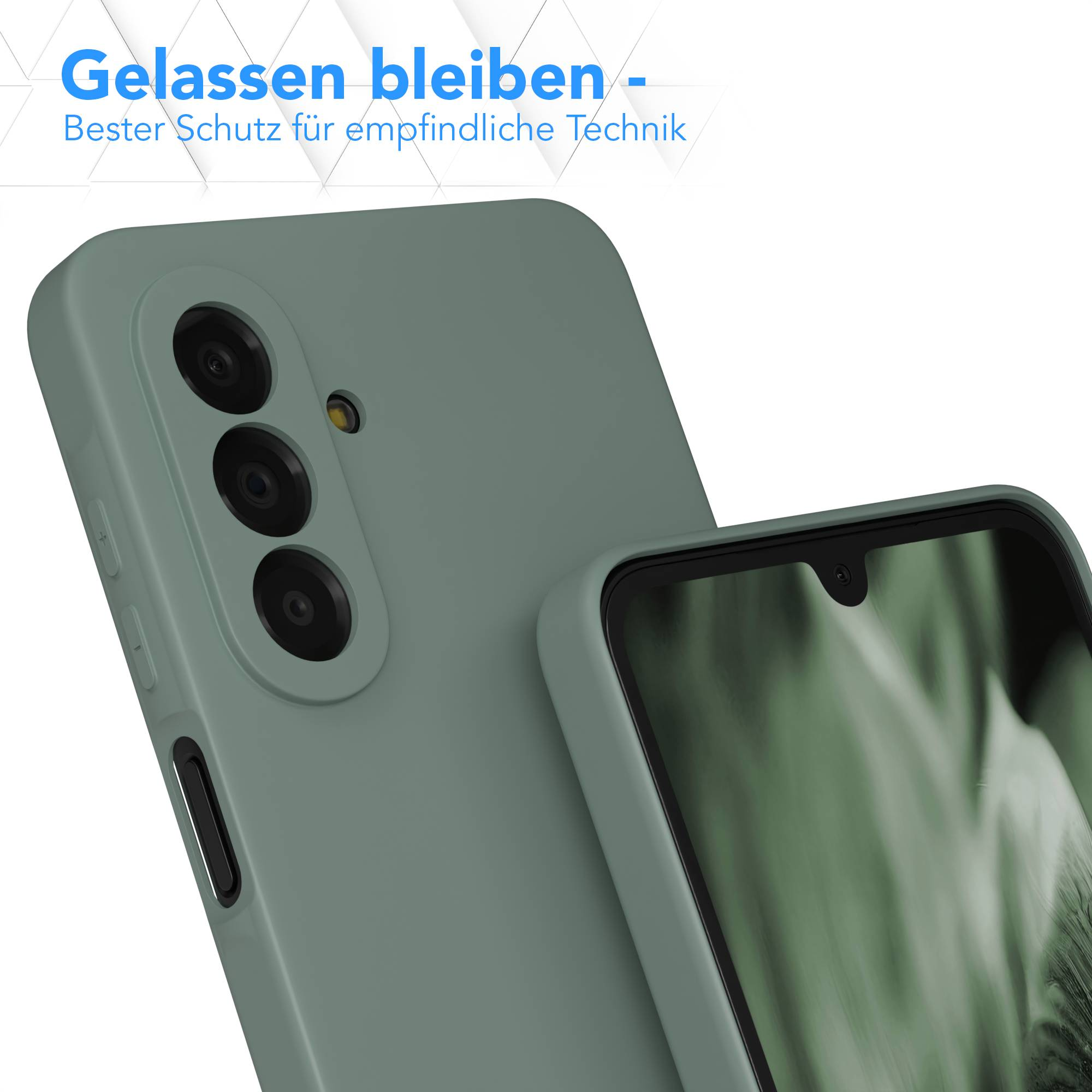 Eine grüne Handyhülle mit drei Kameralinsen und einem Blitz.