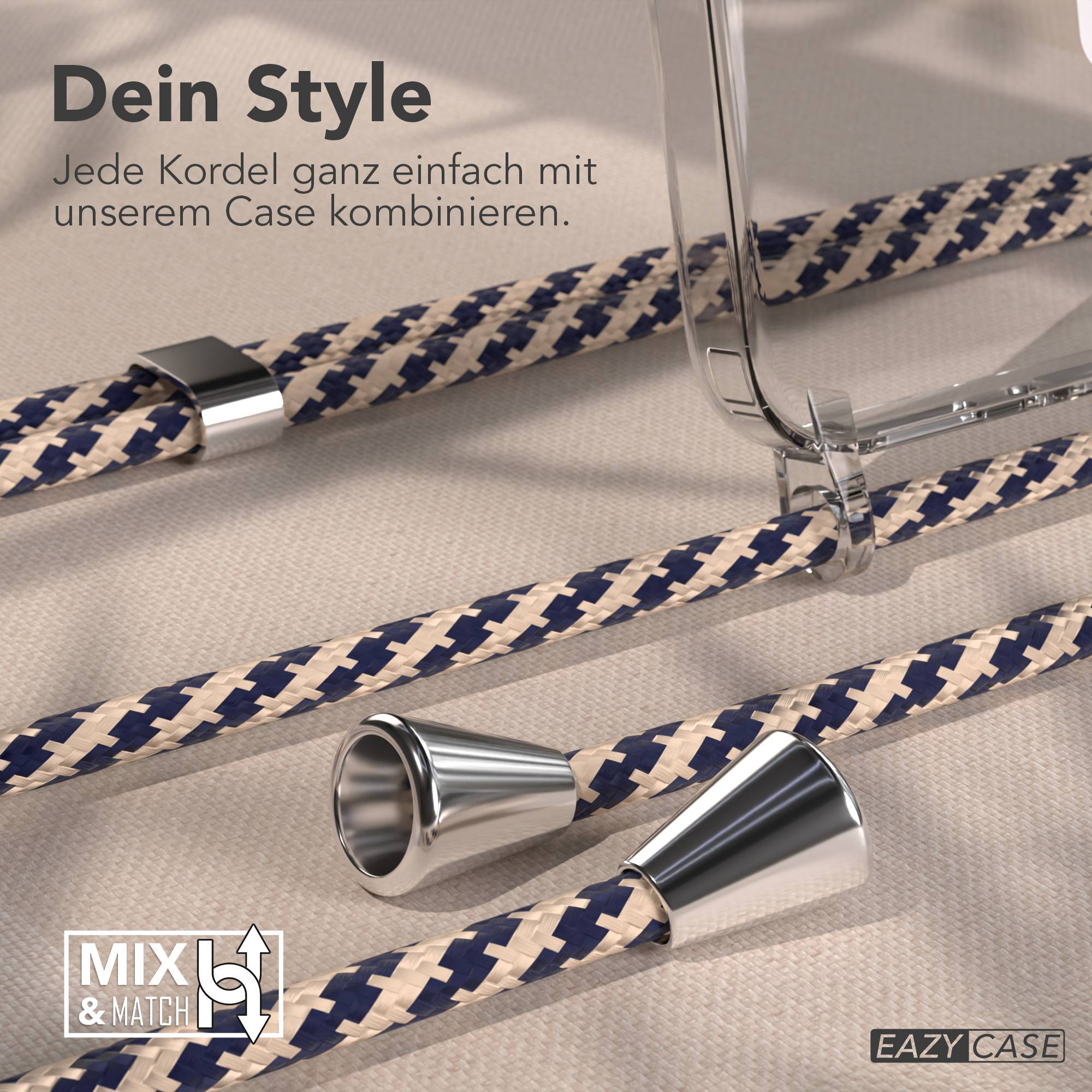 Ein transparentes Handyhülle mit blau-weißen Kordeln und silbernen Endstücken.