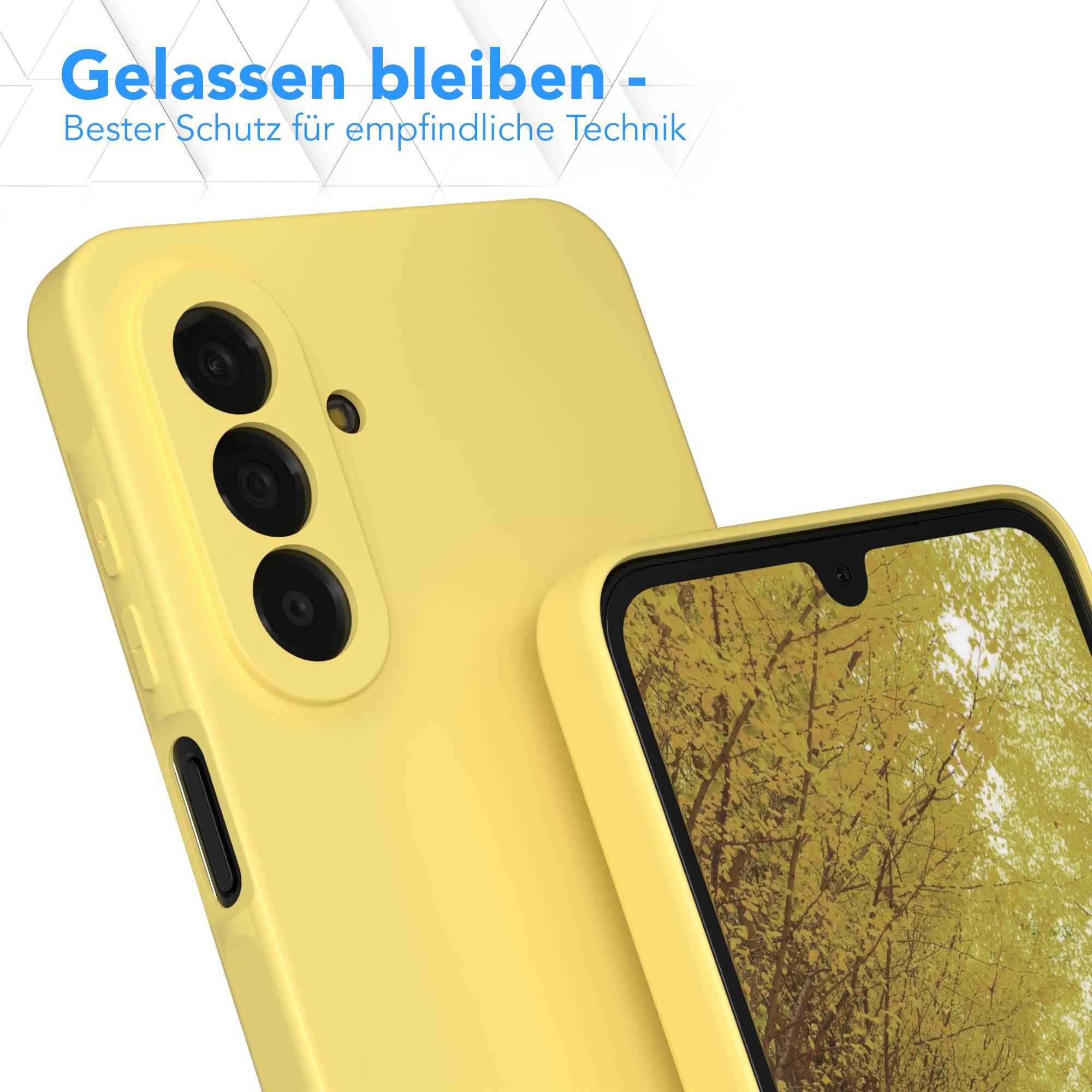 Ein gelbes Handycase mit drei Kameras und einem Bildschirm mit Herbstlaub.