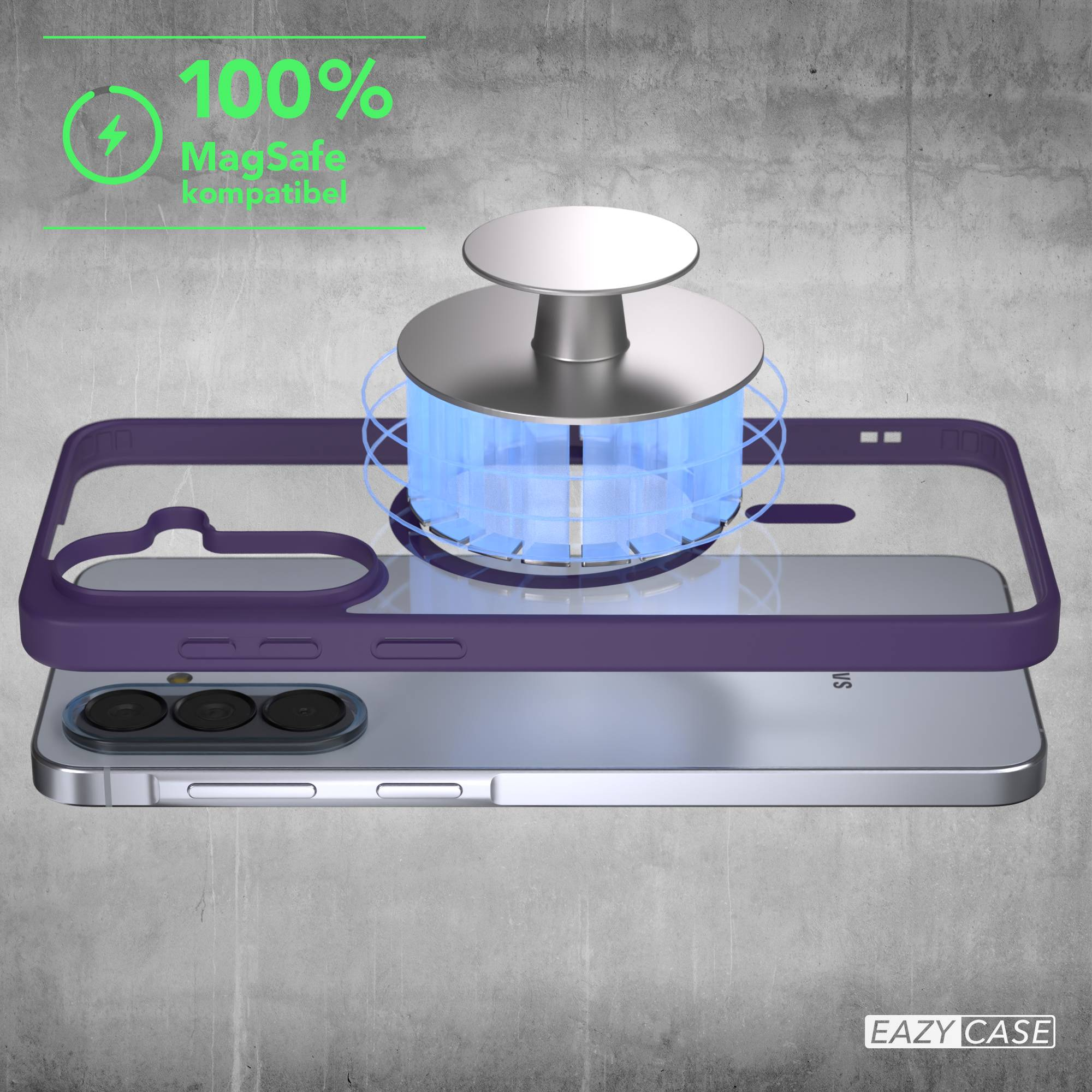 Lila Handyhülle über silbernem Handy mit MagSafe-Ladegerät. Text: 100% MagSafe kompatibel.