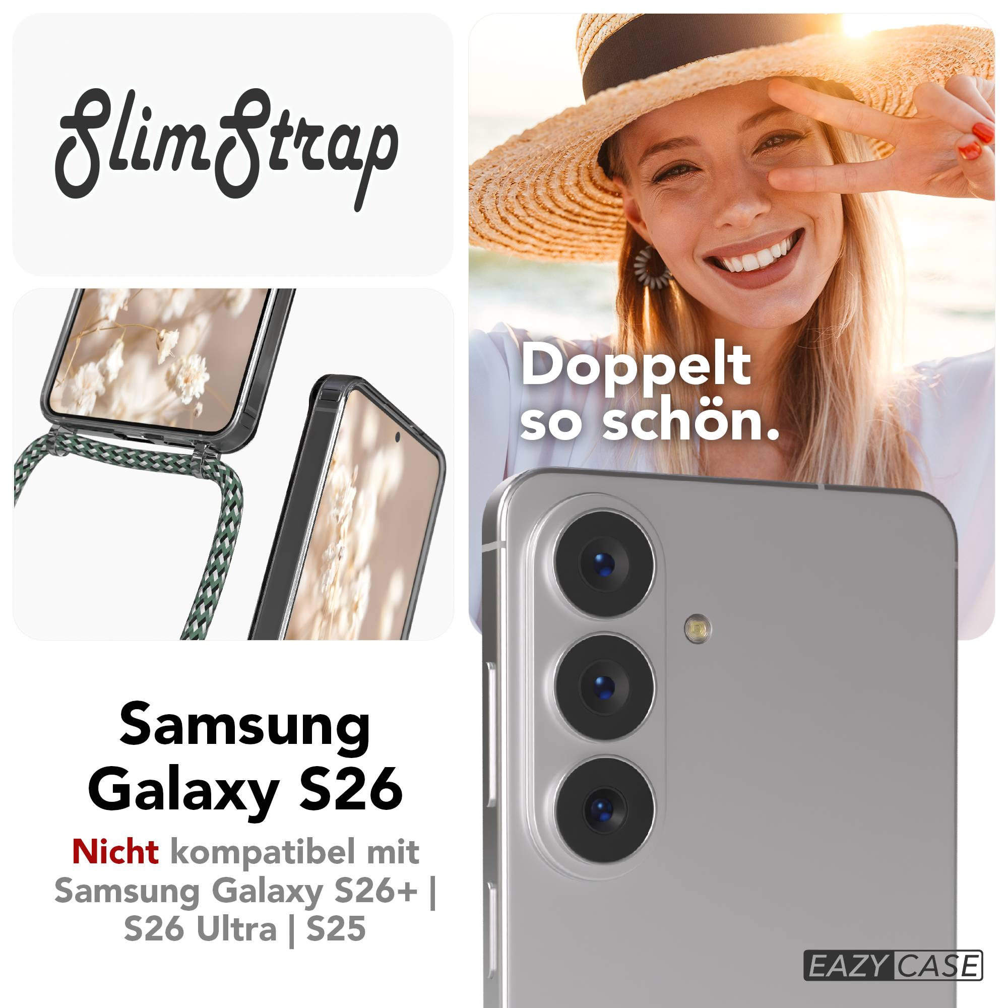 Samsung Galaxy S26 mit SlimStrap und lächelnder Frau im Strohhut.