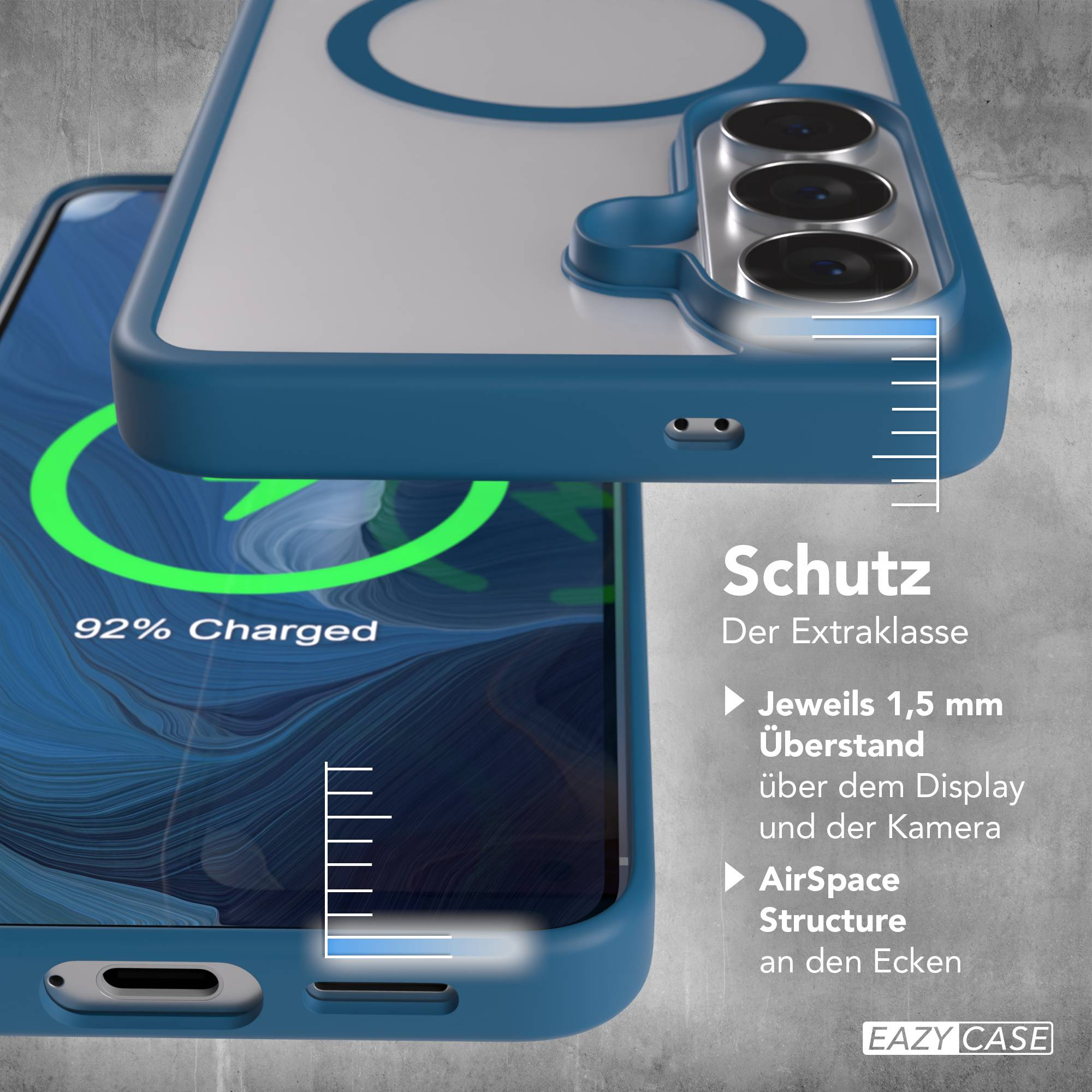 Blauer Handyhülle mit Ladeanzeige und Kameradetails auf Betonhintergrund.