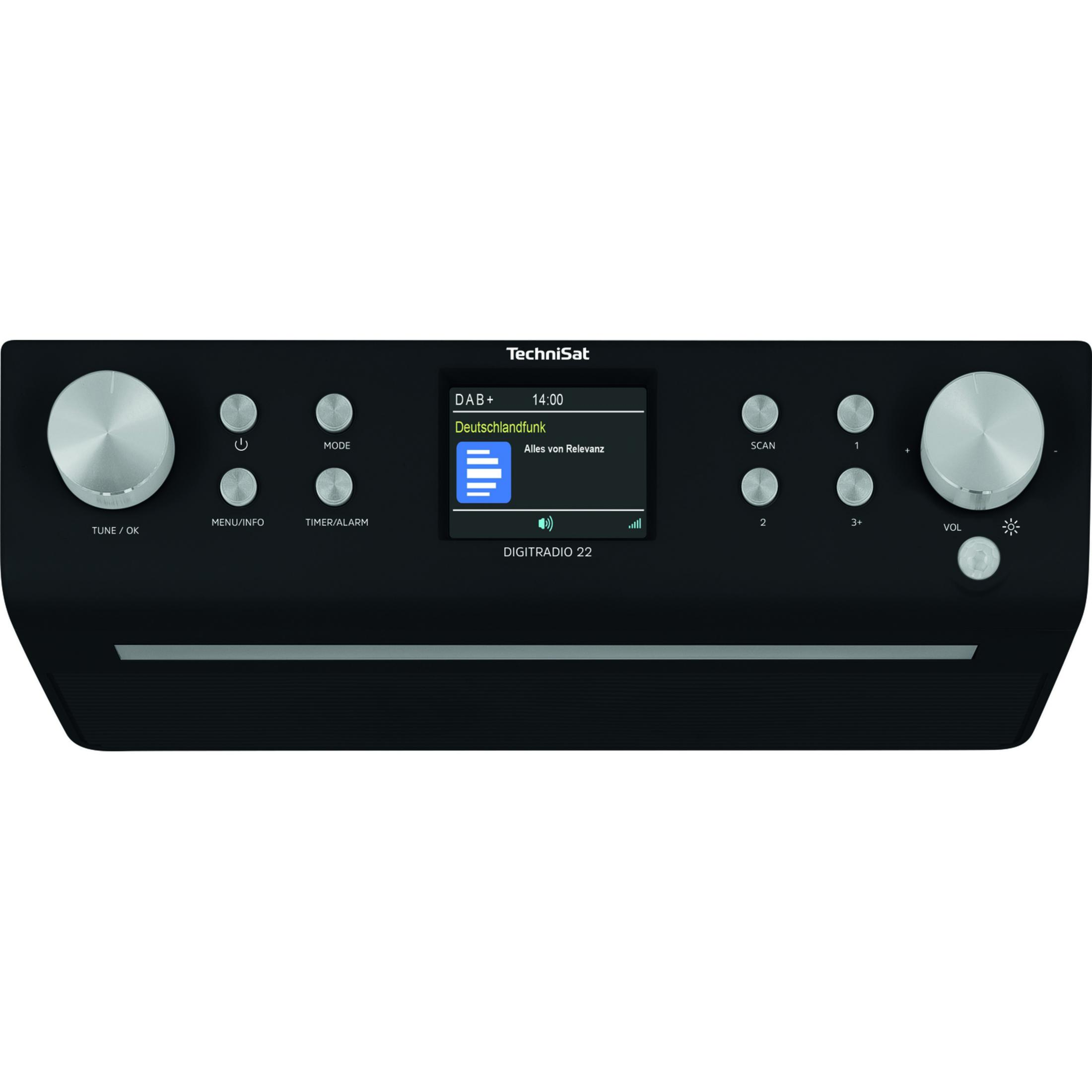 Un TechniSat Digiradio 22 noir avec boutons argentés et écran.