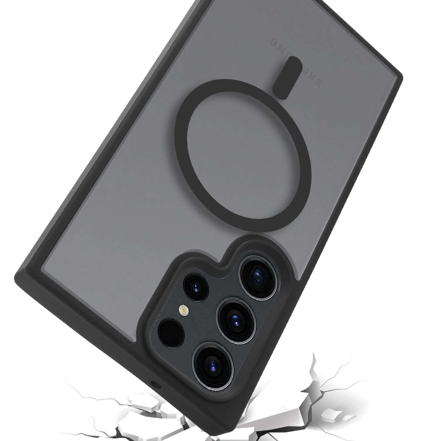 Schwarze Handyhülle mit Kamerasystem und Samsung-Logo auf grauem Hintergrund.