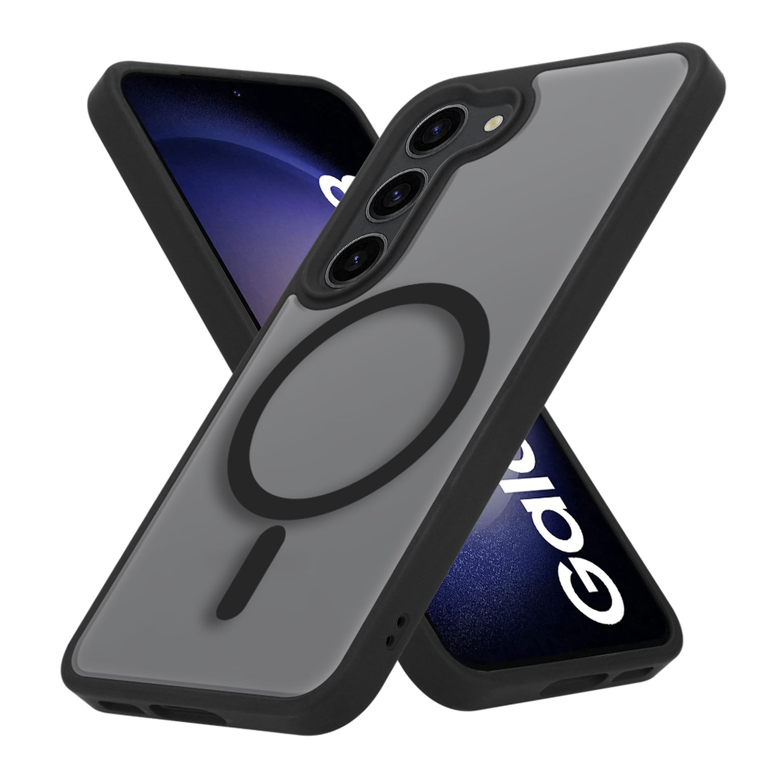 Ein durchsichtiger Handyhülle mit schwarzem Rand und Magnetring, auf einem Handy mit Galaxy-Logo.