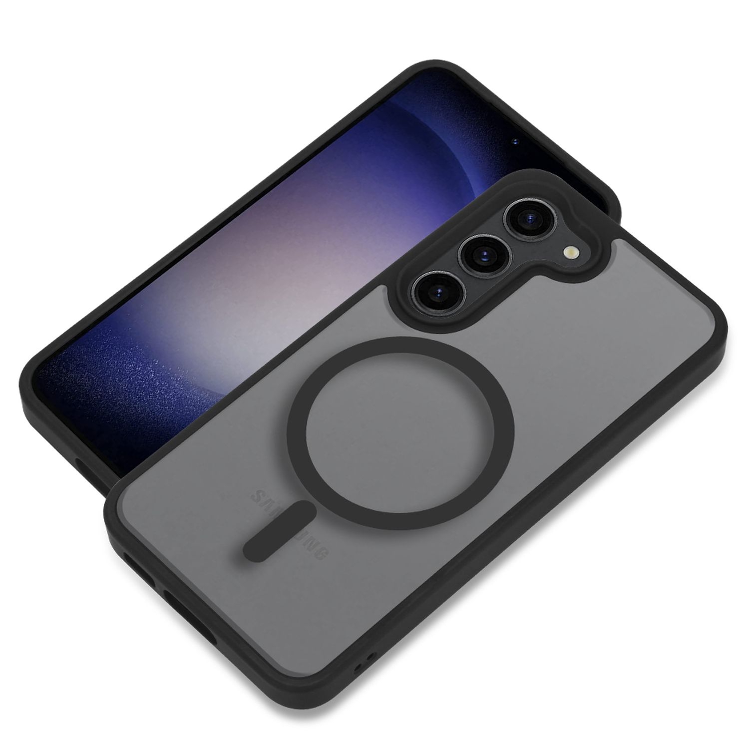Graue Handyhülle mit Magnetring auf schwarzem Smartphone mit Kameras.