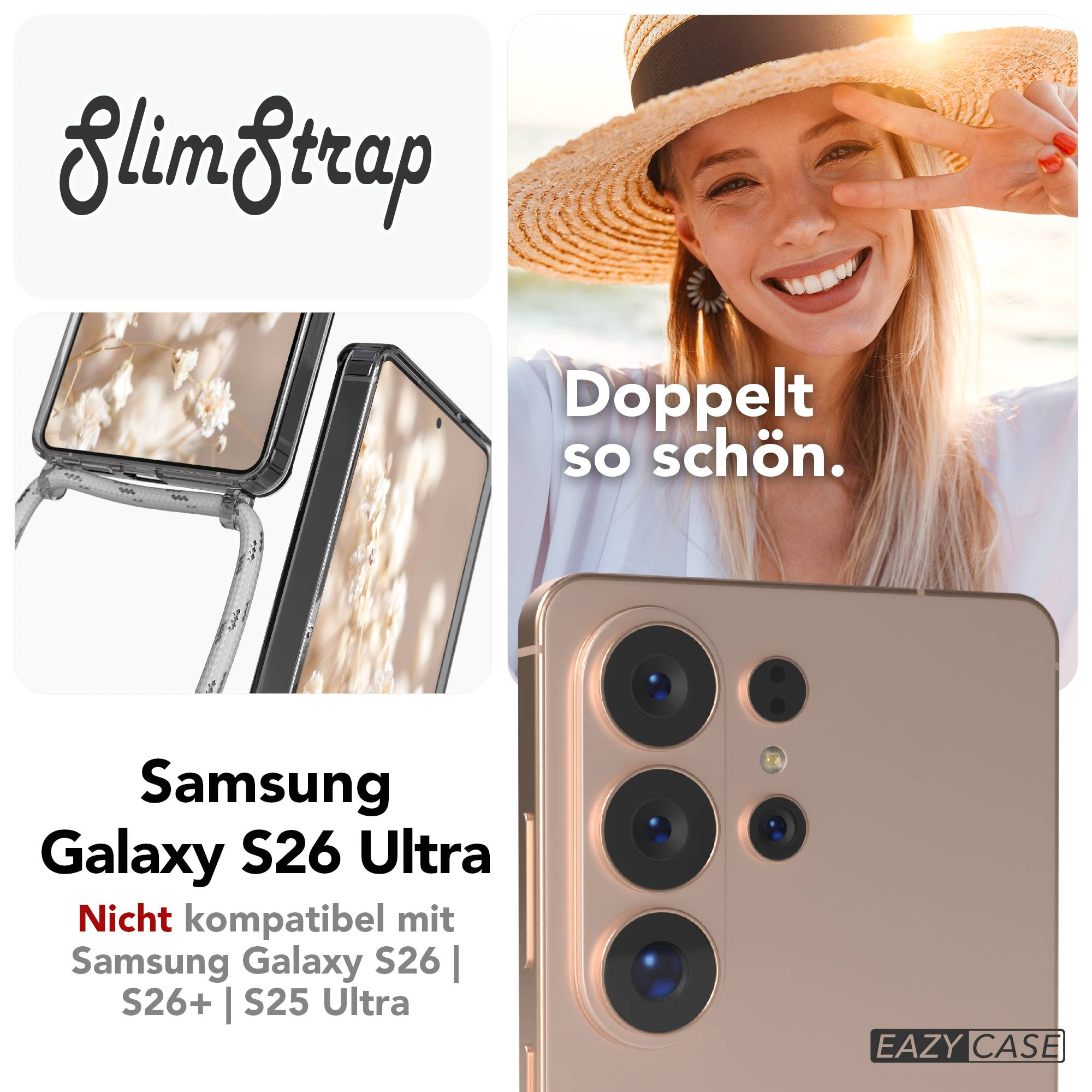 Ein Samsung S26 Ultra Handy mit Kamera und Schriftzug 'SlimStrap'.
