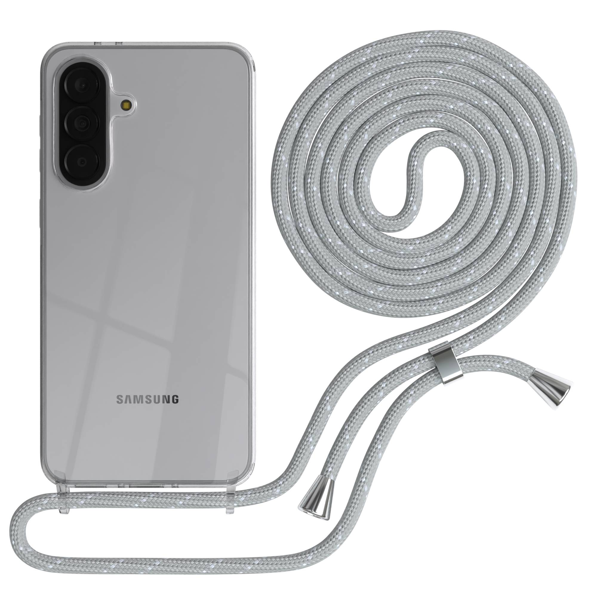 Ein transparentes Samsung-Handy mit einer grauen Kordel daneben.