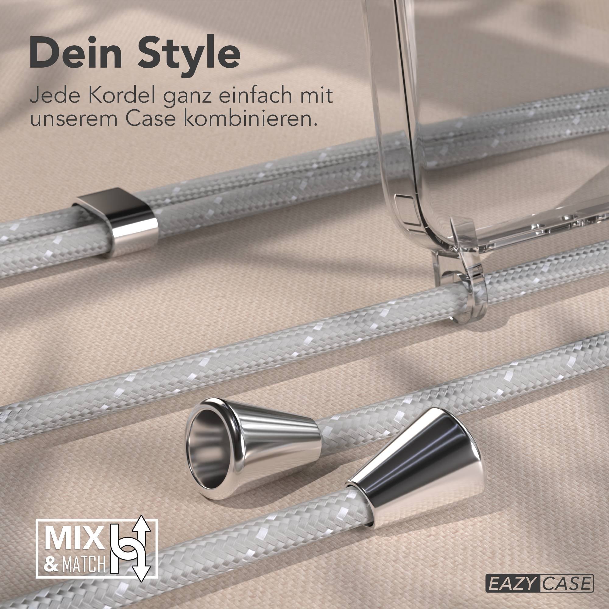 Eine transparente Handyhülle überlagert graue Kordeln mit silbernen Akzenten.