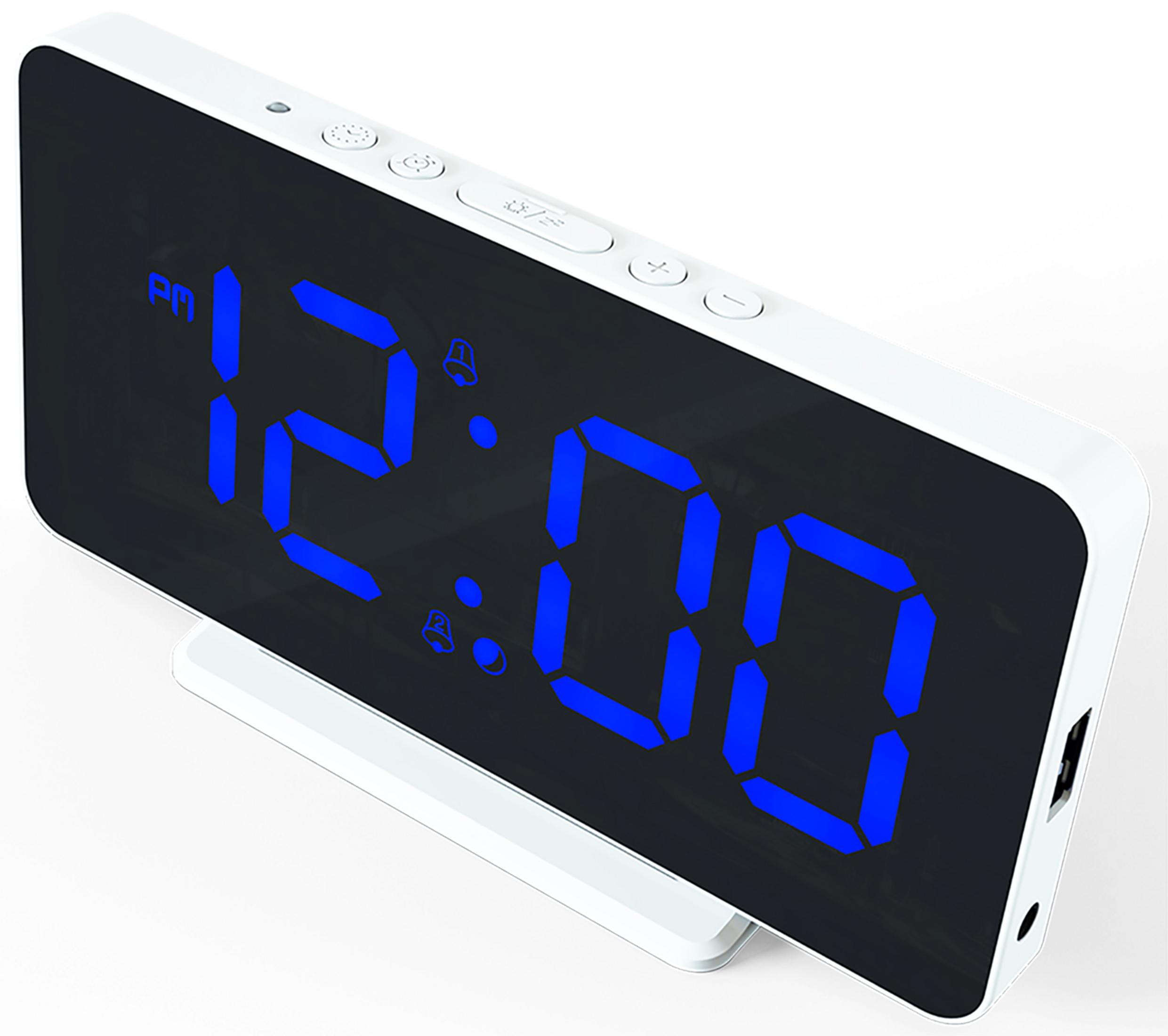 Digital clock with blue 12:00 display and alarm icons.