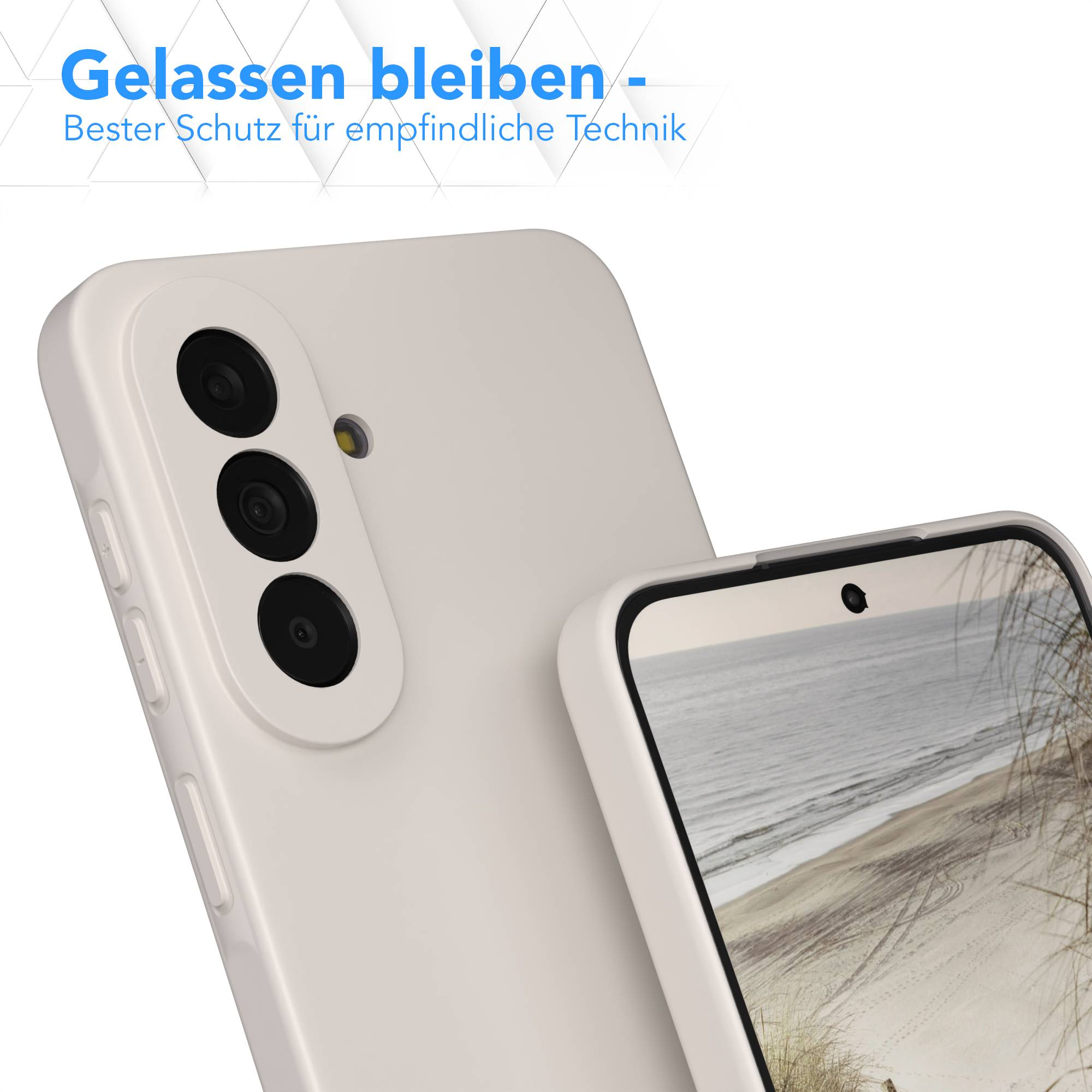 Ein hellbeiges Smartphone mit Kamera und Bildschirmansicht eines Strandes.