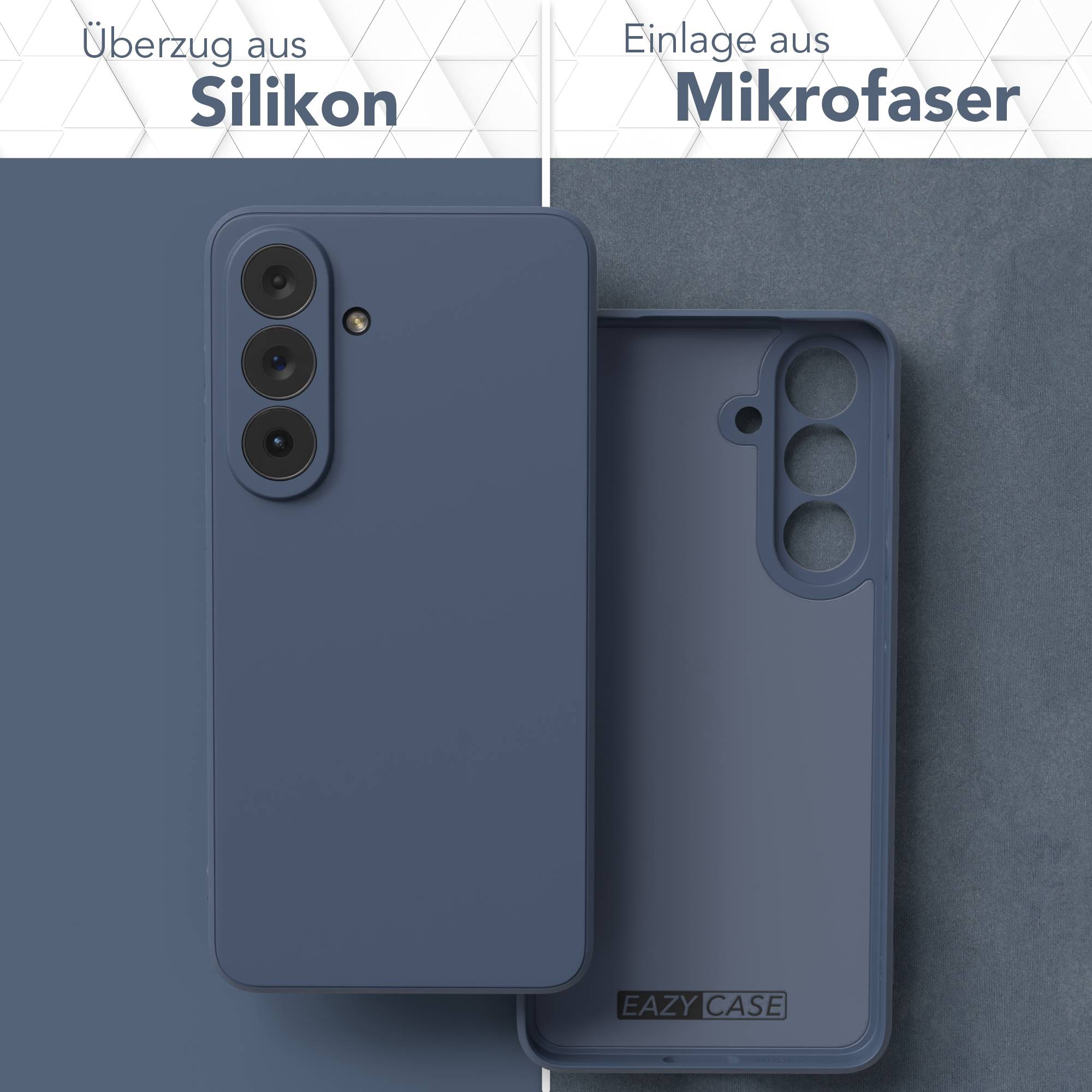 Blaue Handyhülle aus Silikon und Mikrofaser, Kameras auf der Rückseite.