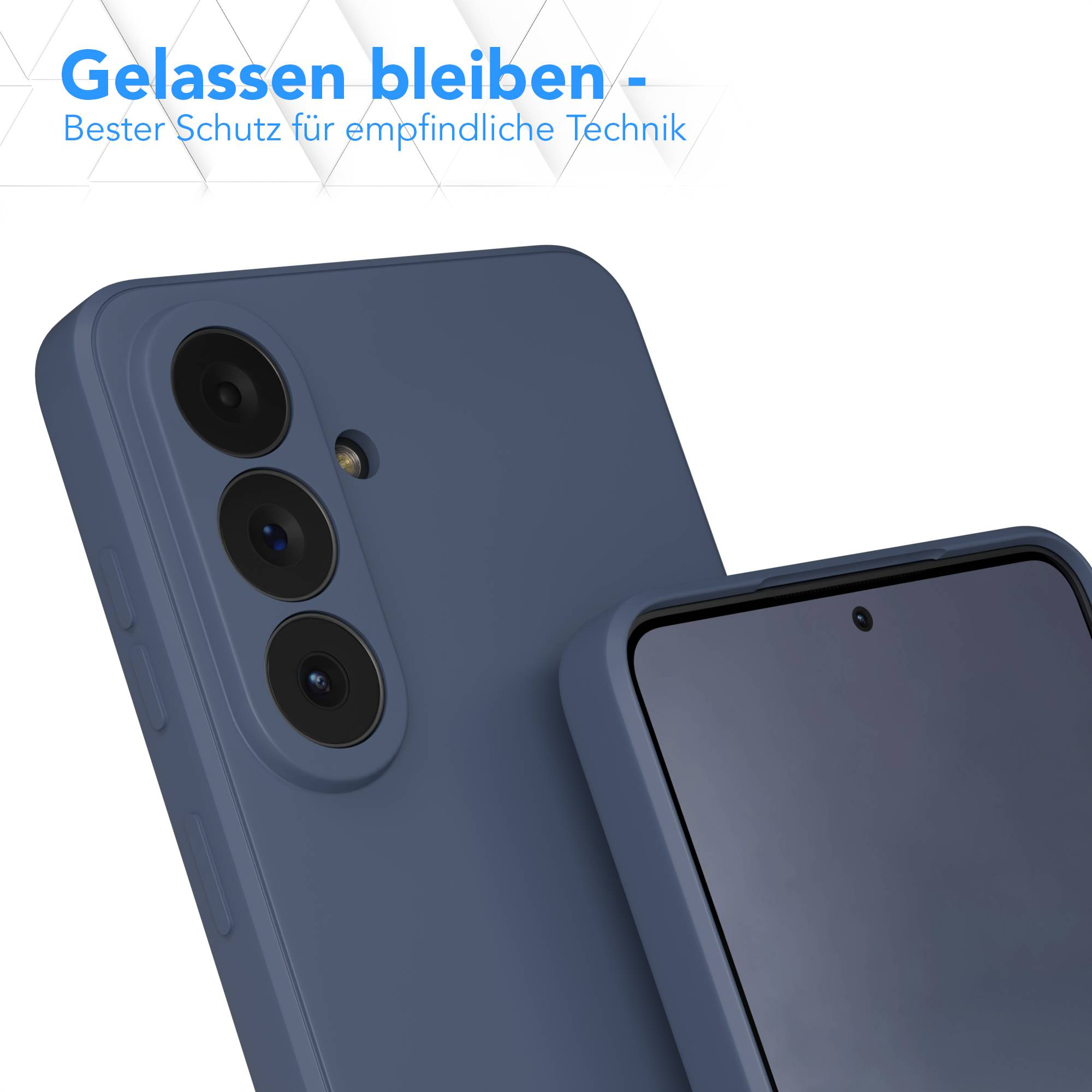 Dunkelblaue Handyhülle mit drei Kameralinsen und Bildschirm.