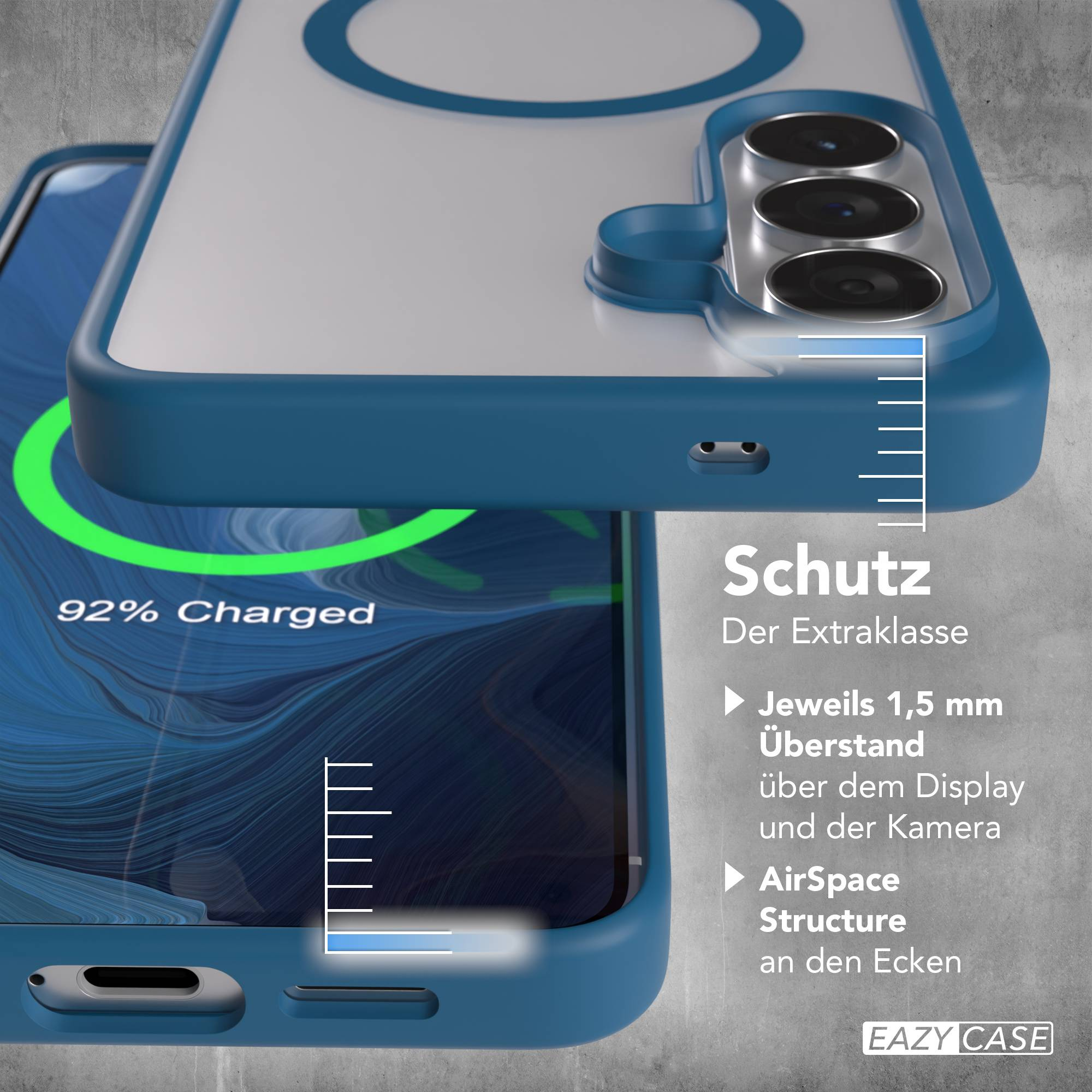 Blaues Handycase schützt ein Handy, das zu 92% geladen ist.