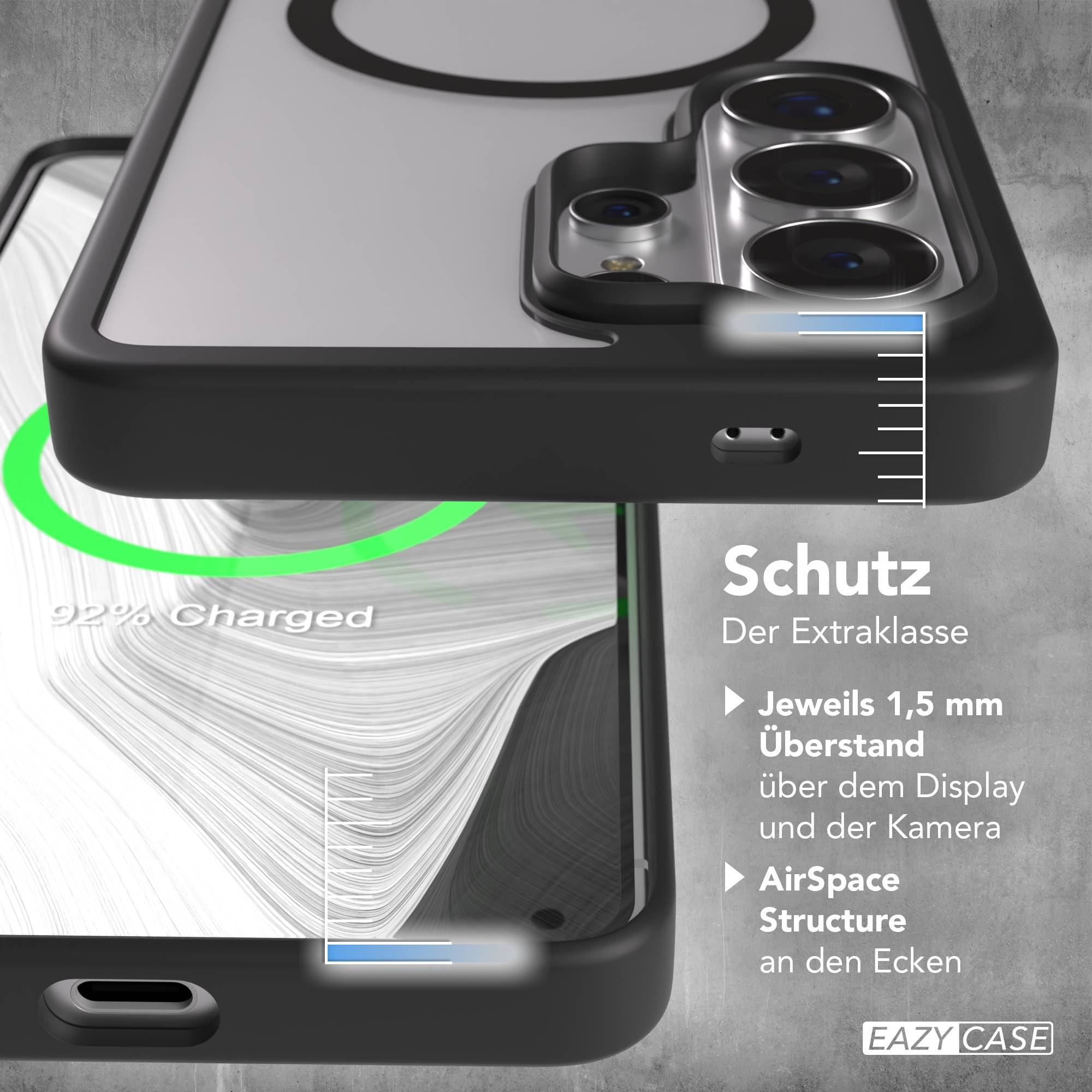 Smartphone-Hülle mit "92% Charged"-Anzeige und Kameralinsen.