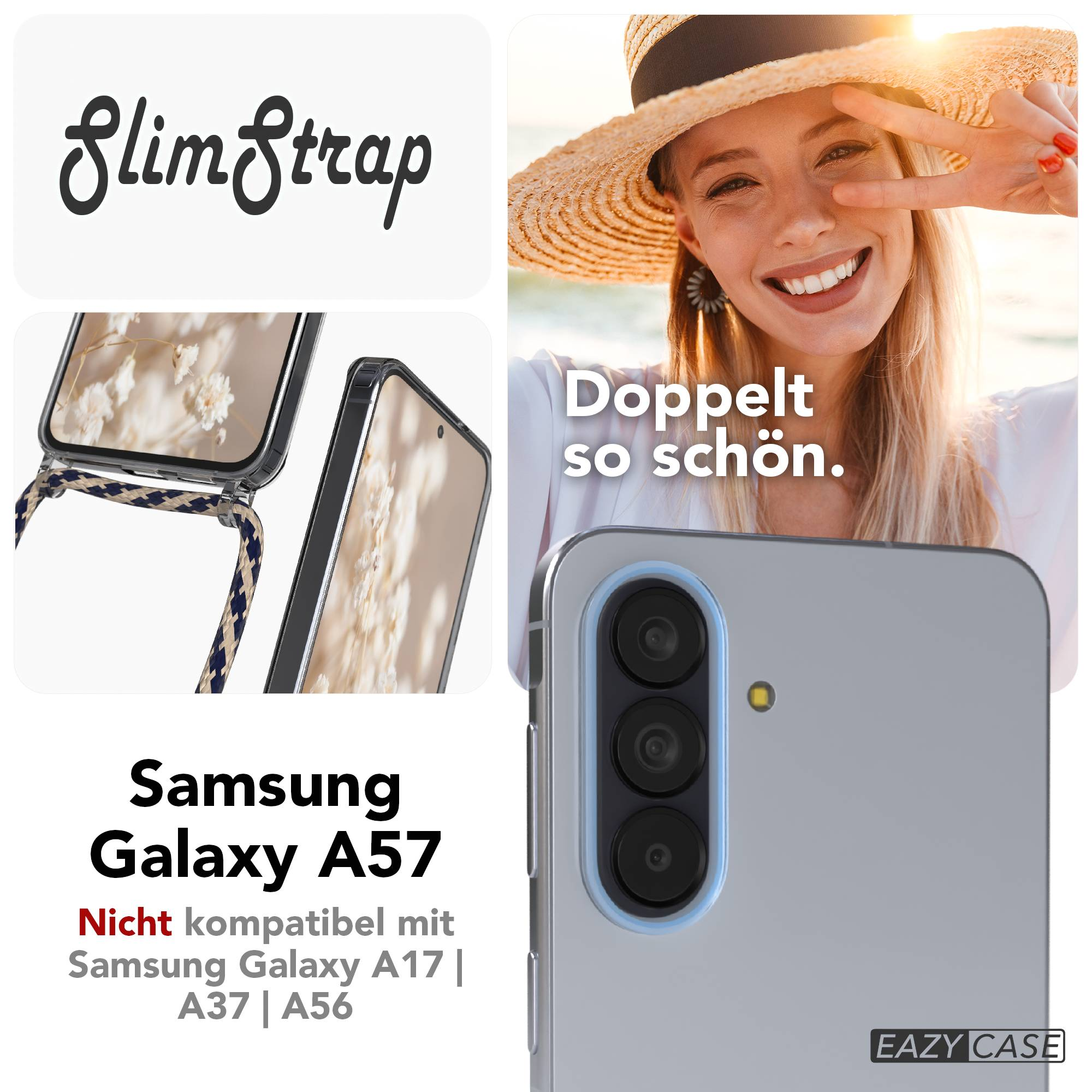 Samsung Galaxy A57 Hülle mit SlimStrap und Band in blau/beige. Frau mit Hut.