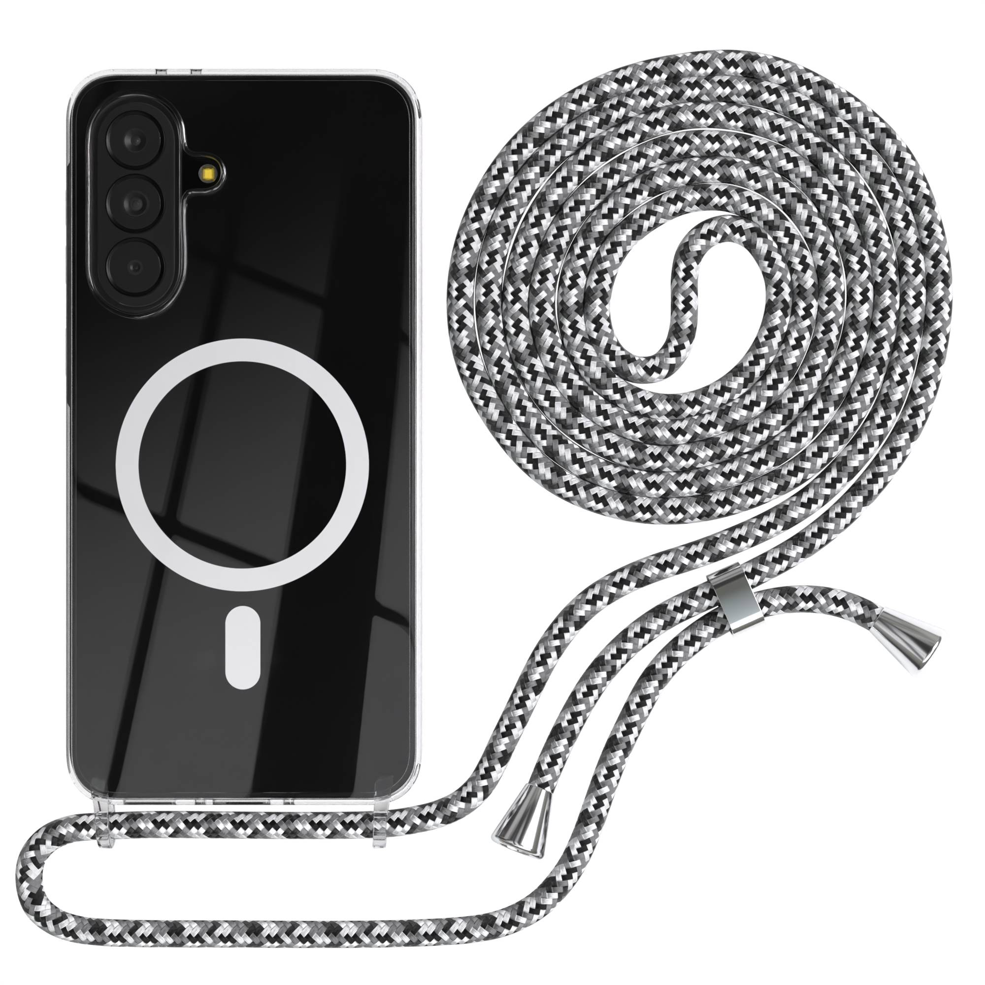 Schwarze Handyhülle mit Kameras und einem Lanyard aus grau-schwarzem Seil.