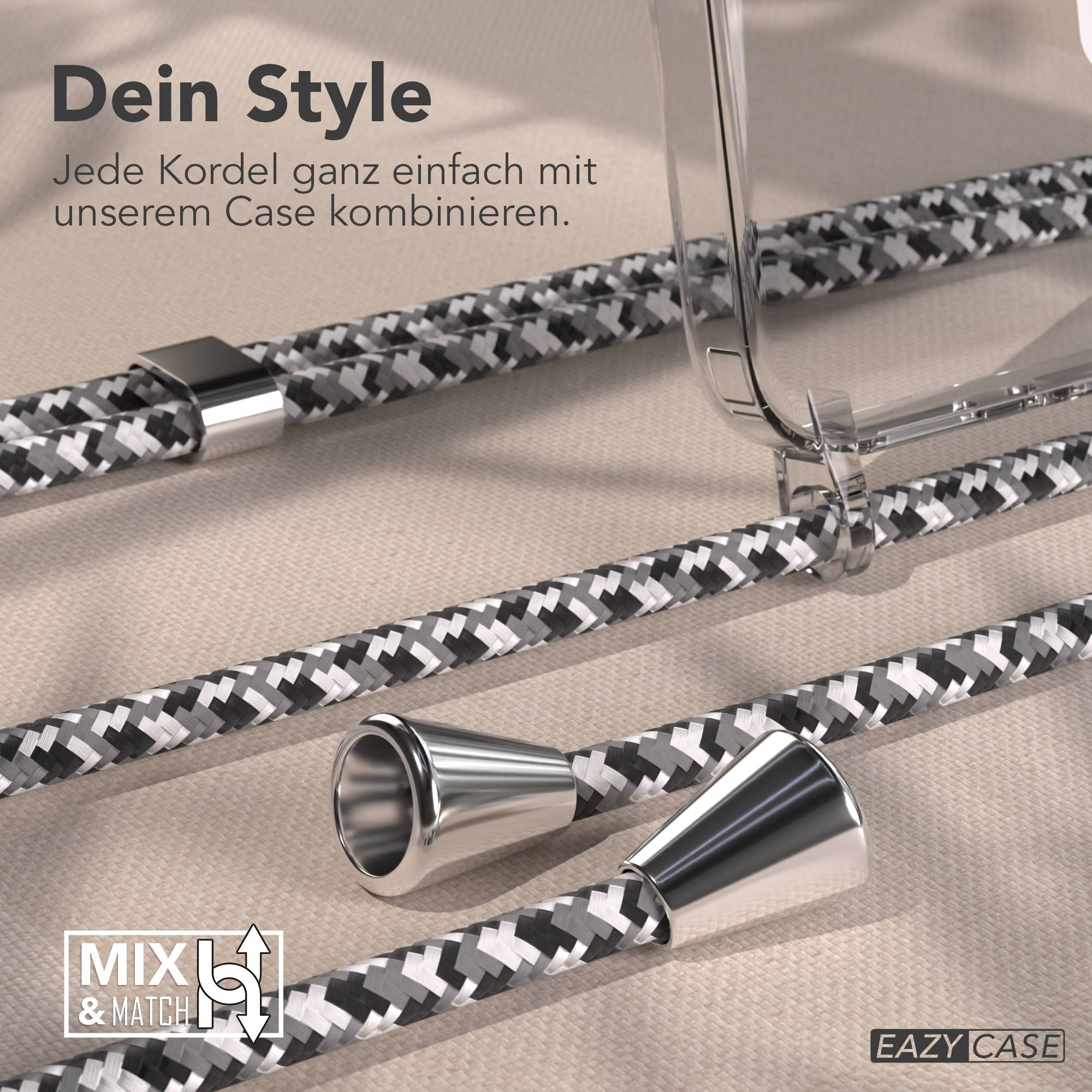 Grau-schwarzes Band mit silbernen Enden und einem transparenten Handyhülle.