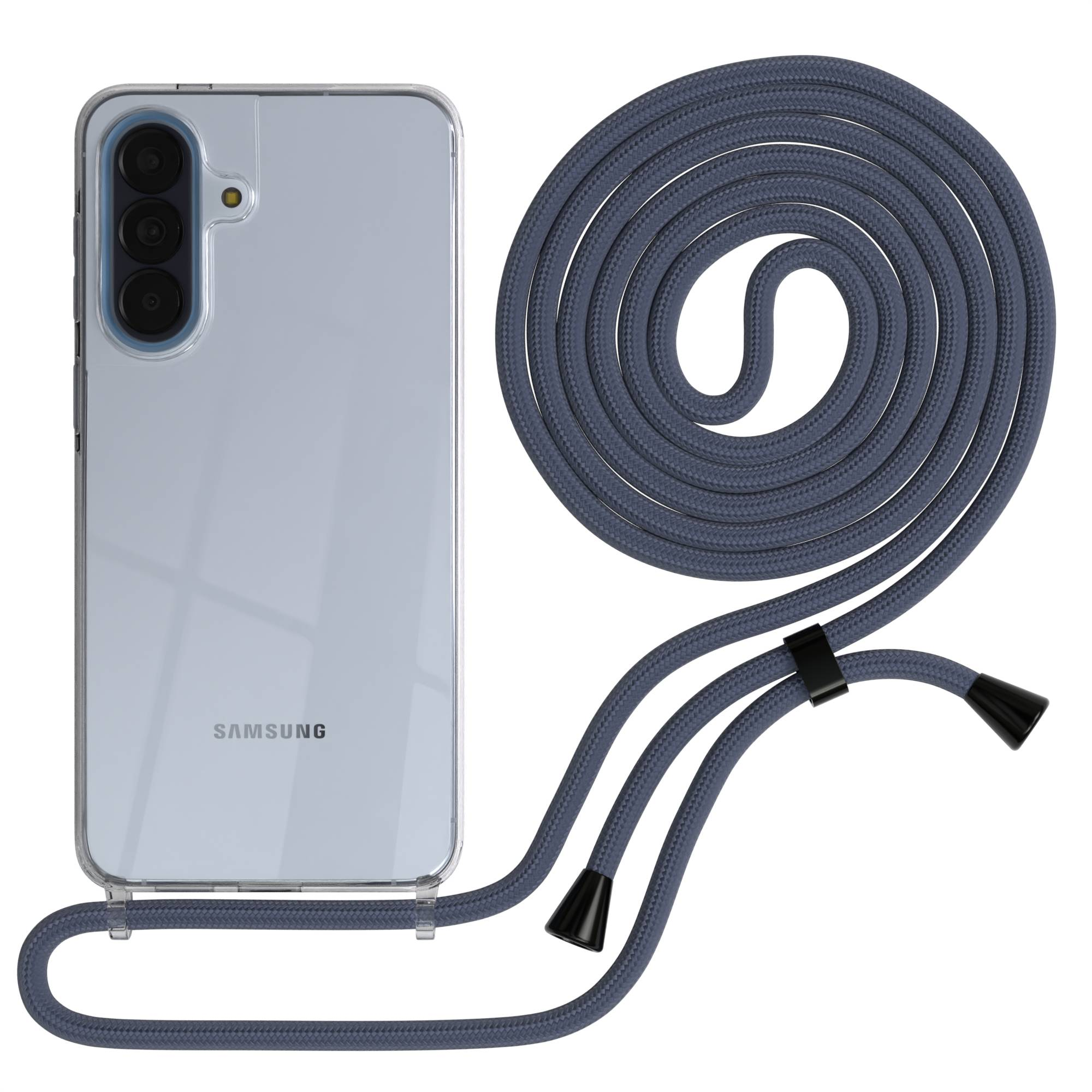 Ein durchsichtiges Samsung-Handy mit Lanyard in Dunkelgrau auf weißem Hintergrund.