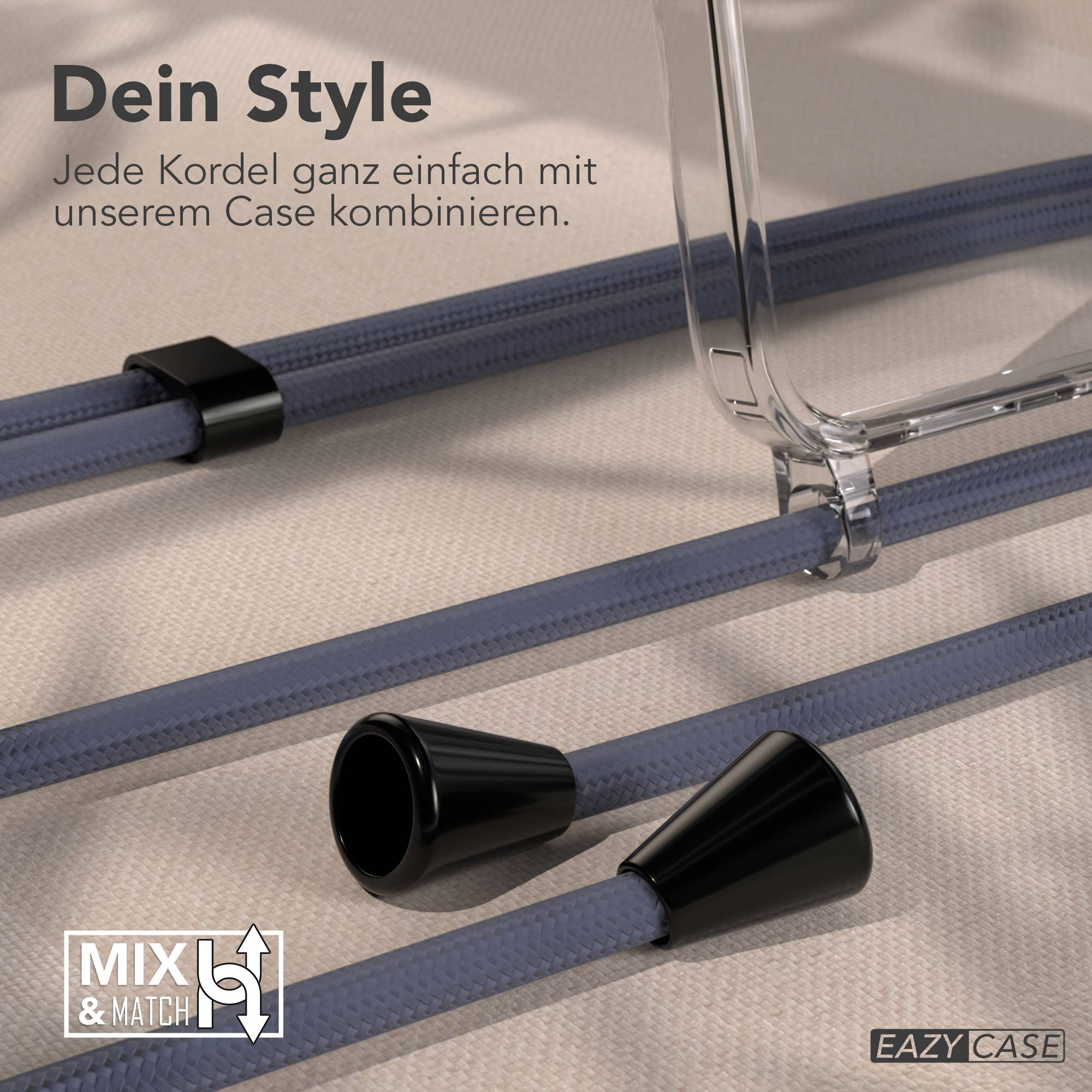 Ein klarer Handyhülle mit blauen Kordeln und schwarzen Endkappen. "Dein Style".