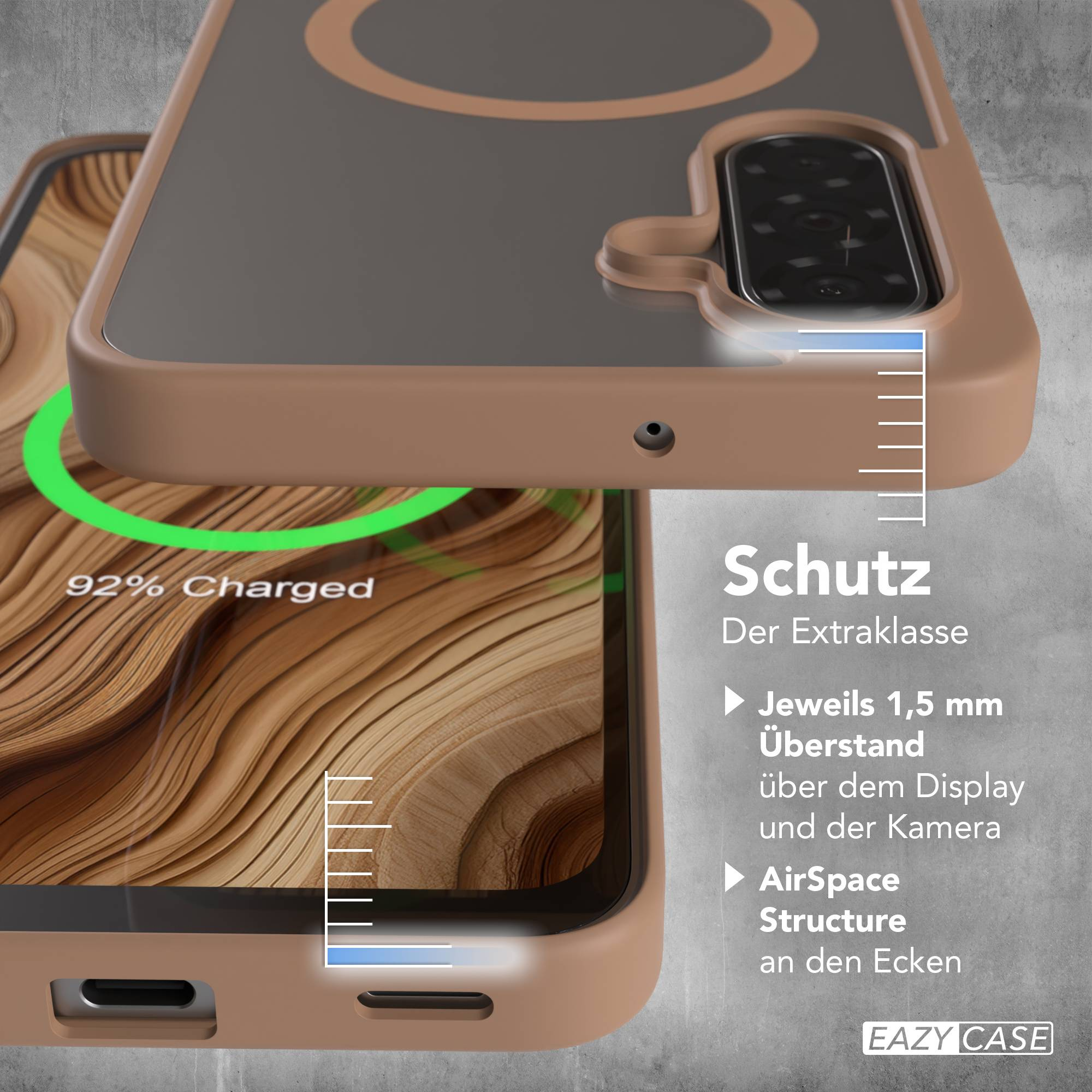 Braune Handyhülle mit Ladeanzeige und Kamera-Details.