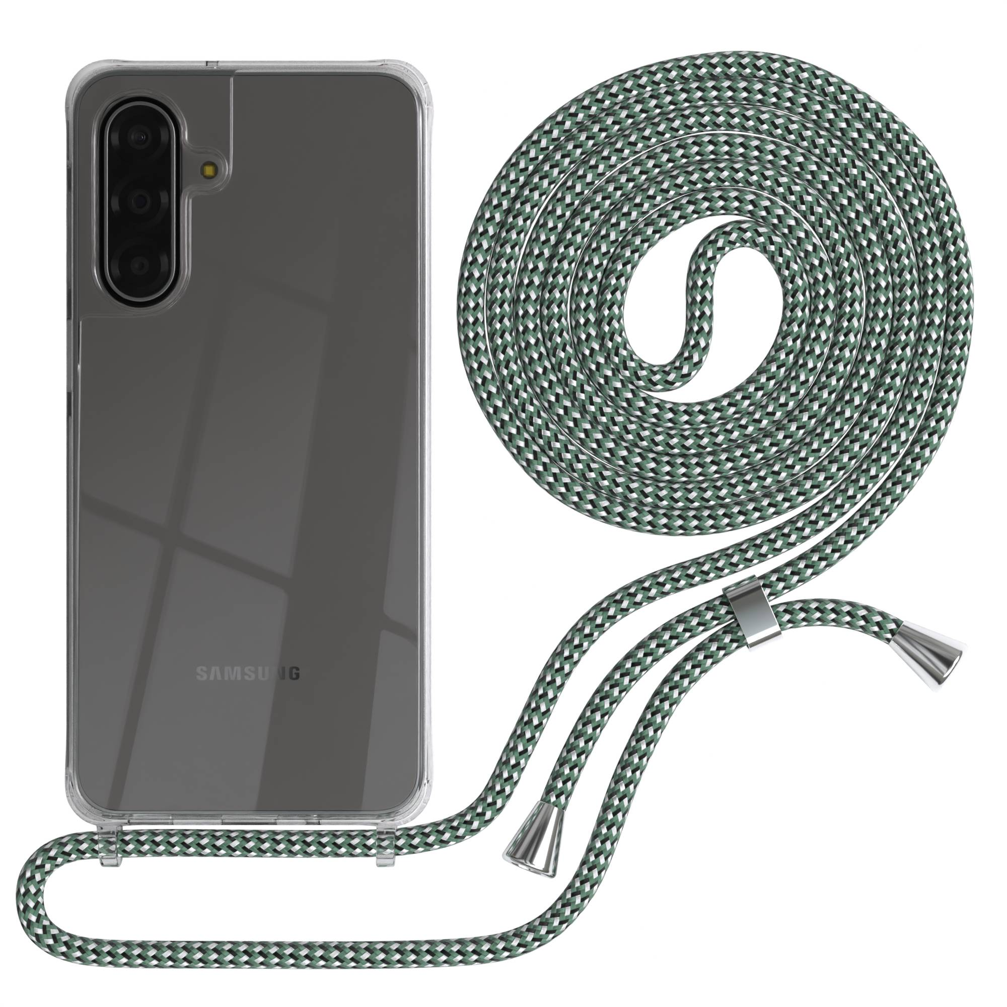 Ein durchsichtiges Handycase mit einem grünen, weißen und schwarzen Band. Auf weißem Grund.