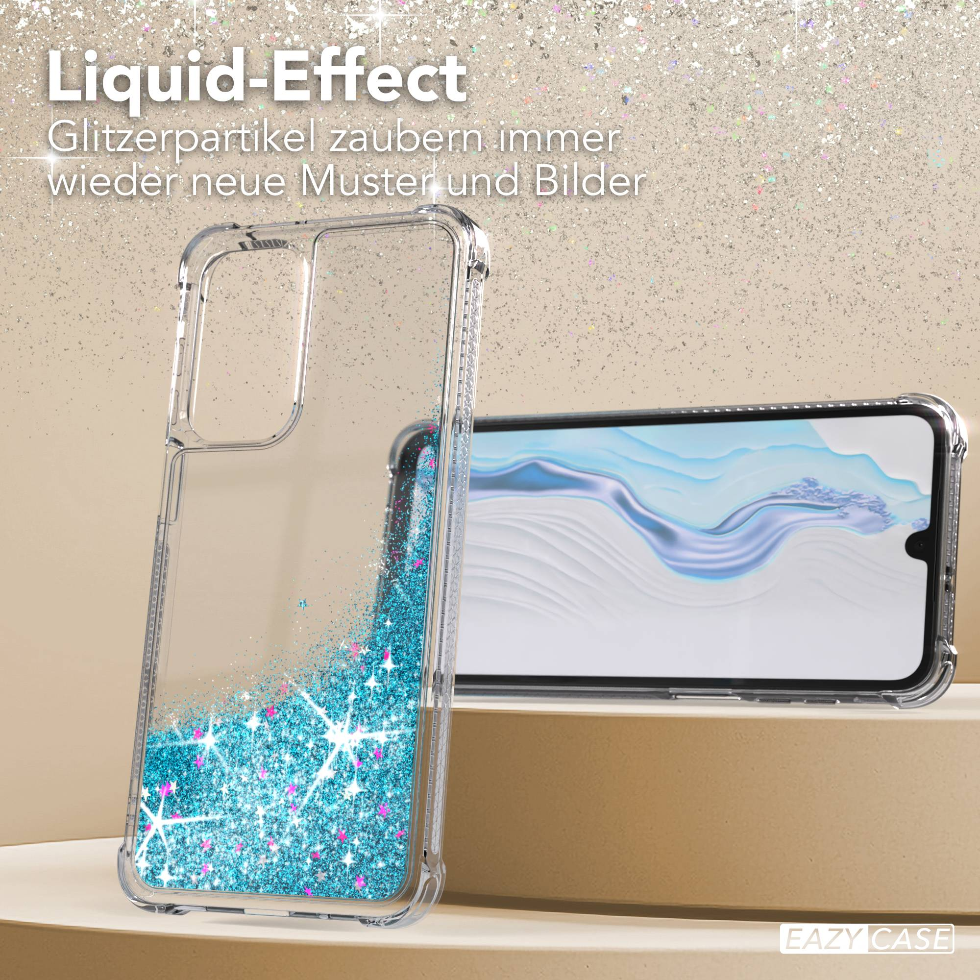 Transparente Handyhülle mit flüssigem Glitzer-Effekt in Blau und Pink.