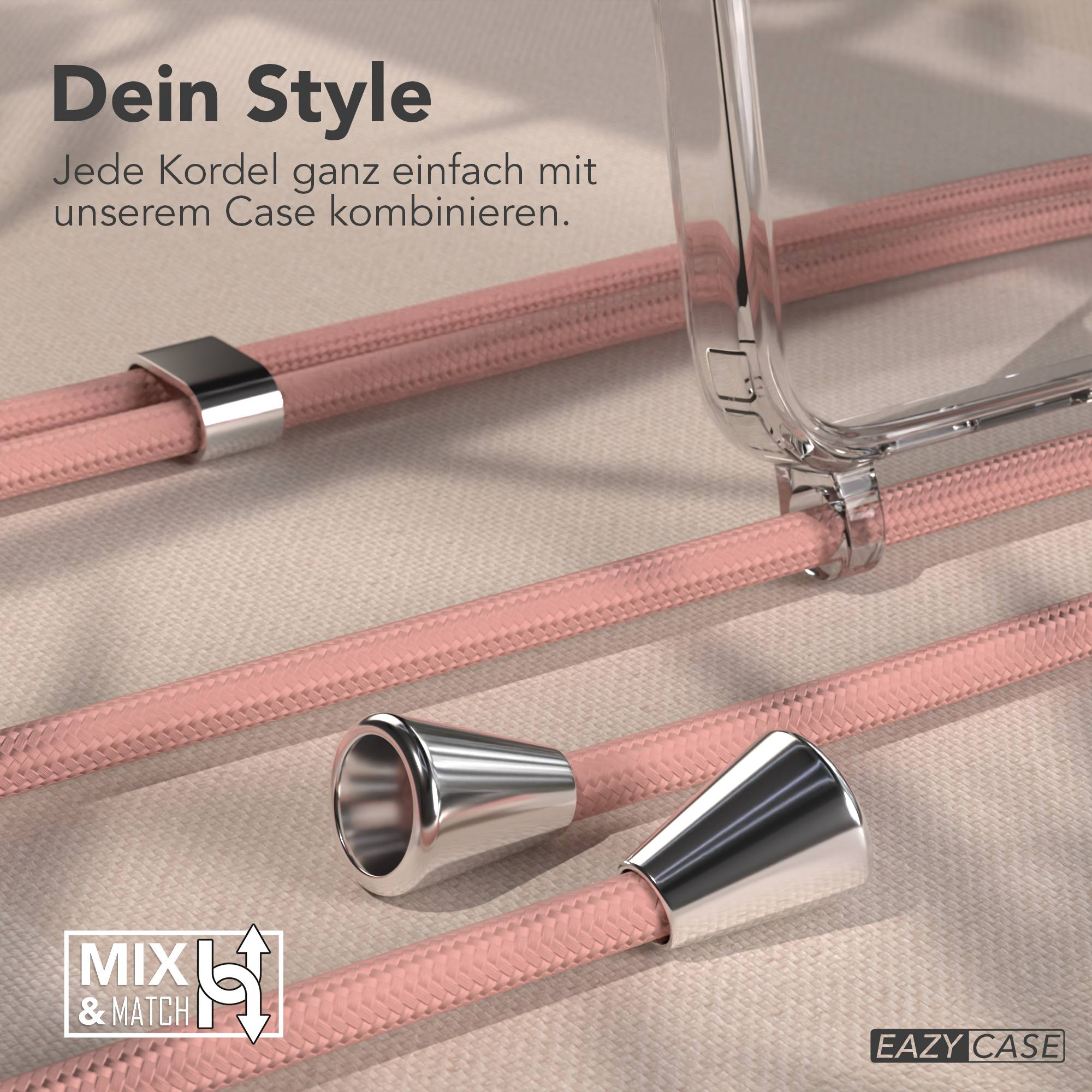 Rosa Kordeln mit silbernen Endkappen und einem transparenten Handyhülle-Detail.