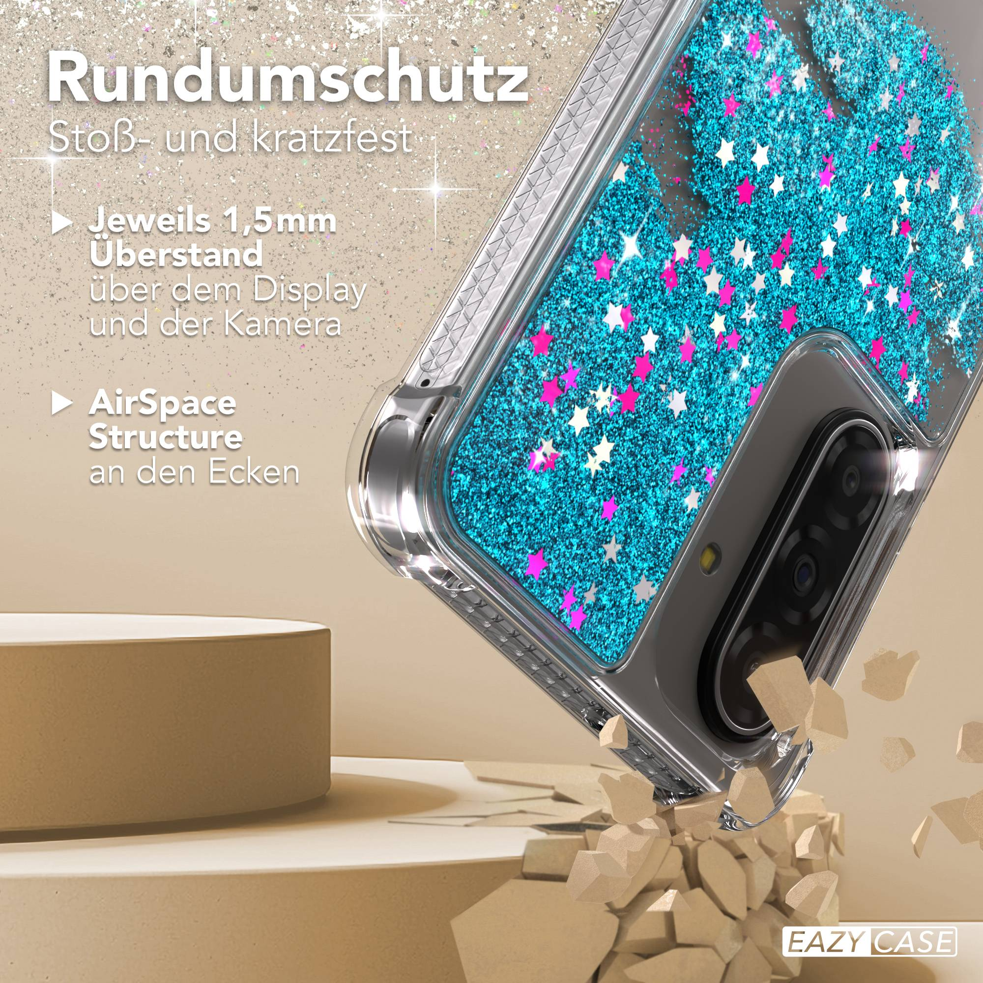 Handyhülle mit blauem Glitter und Sternen, stoß- und kratzfest.