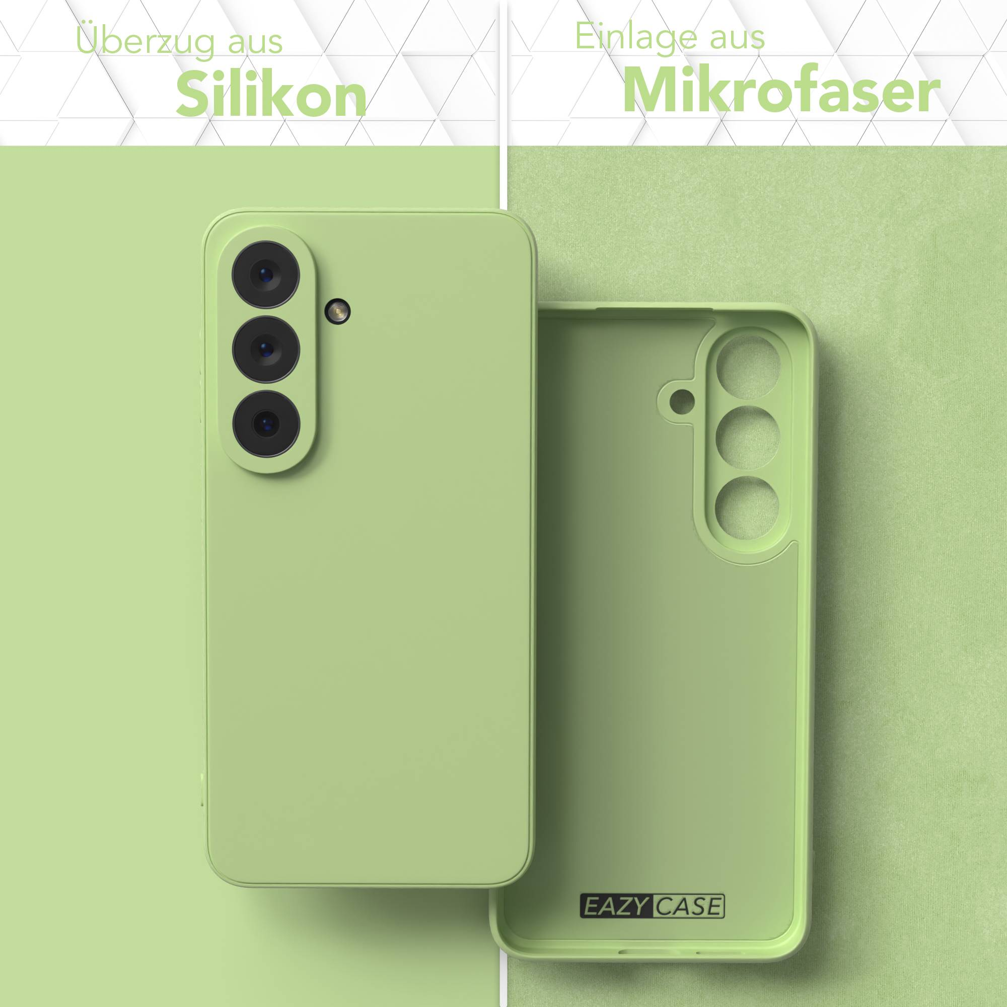 Zwei grüne Handyhüllen: Silikon und Mikrofaser-Einlage.