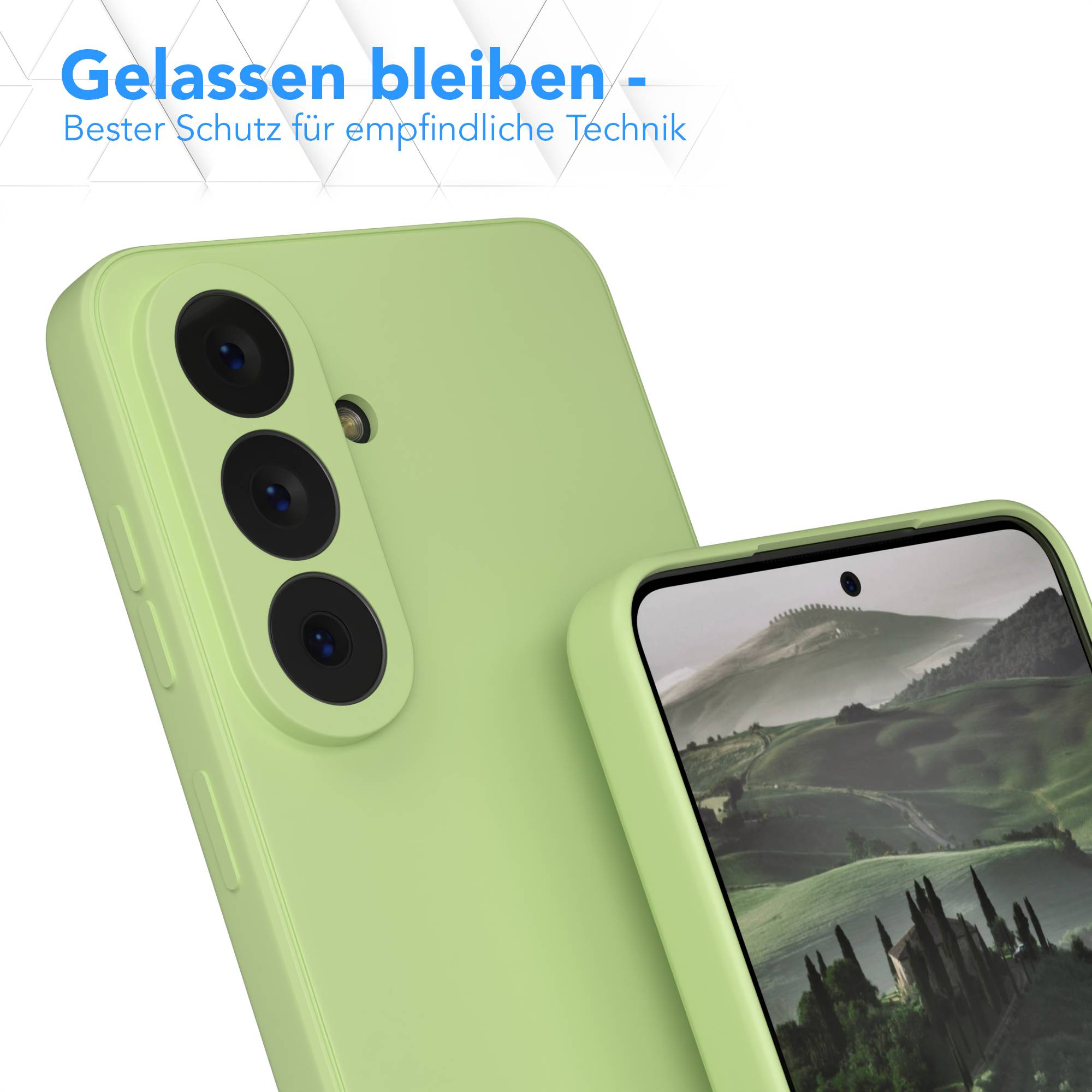 Ein hellgrünes Handy mit drei Kameras und einer Hülle wird gezeigt.