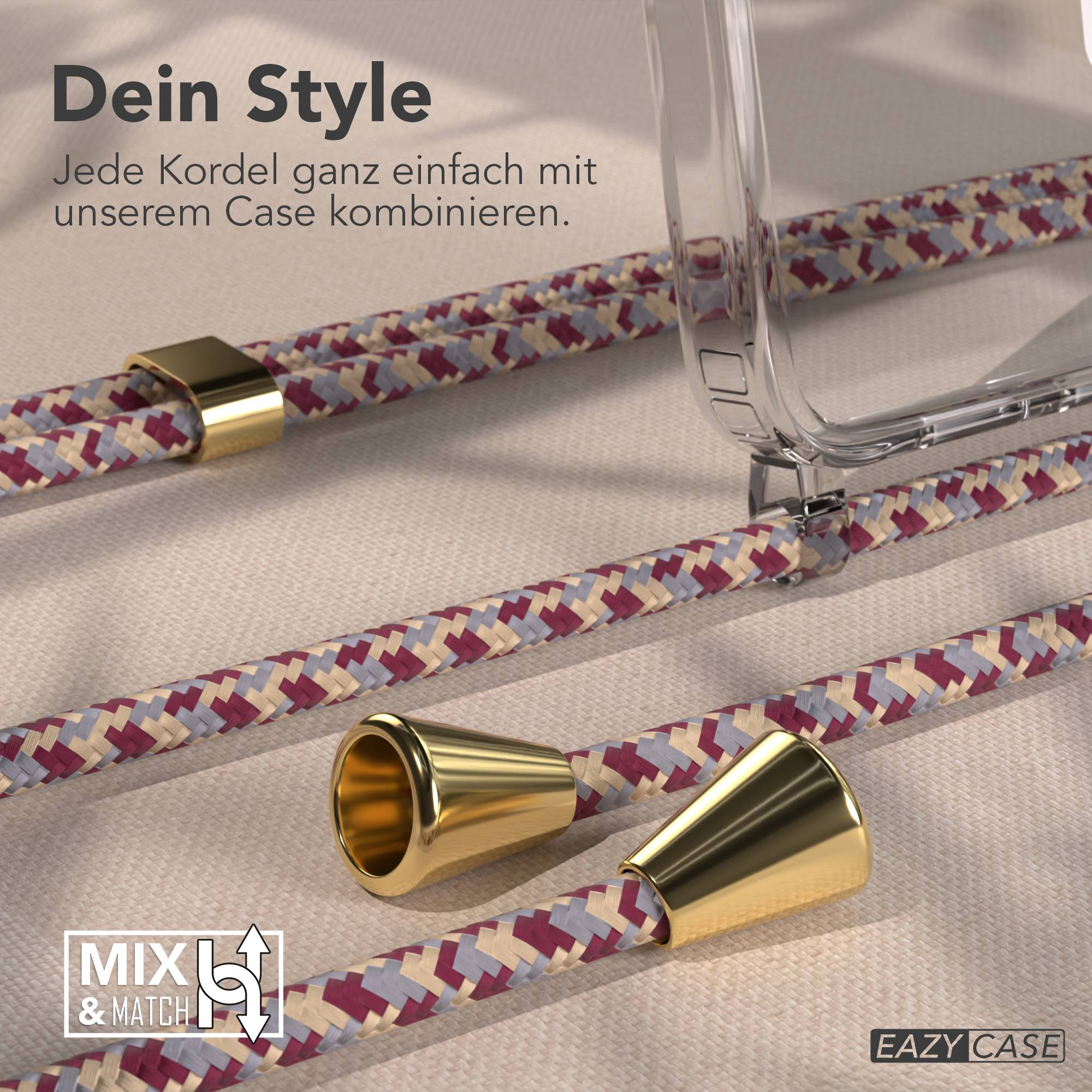 Geflochtene Kordeln mit goldenen Endkappen und einem transparenten Case.