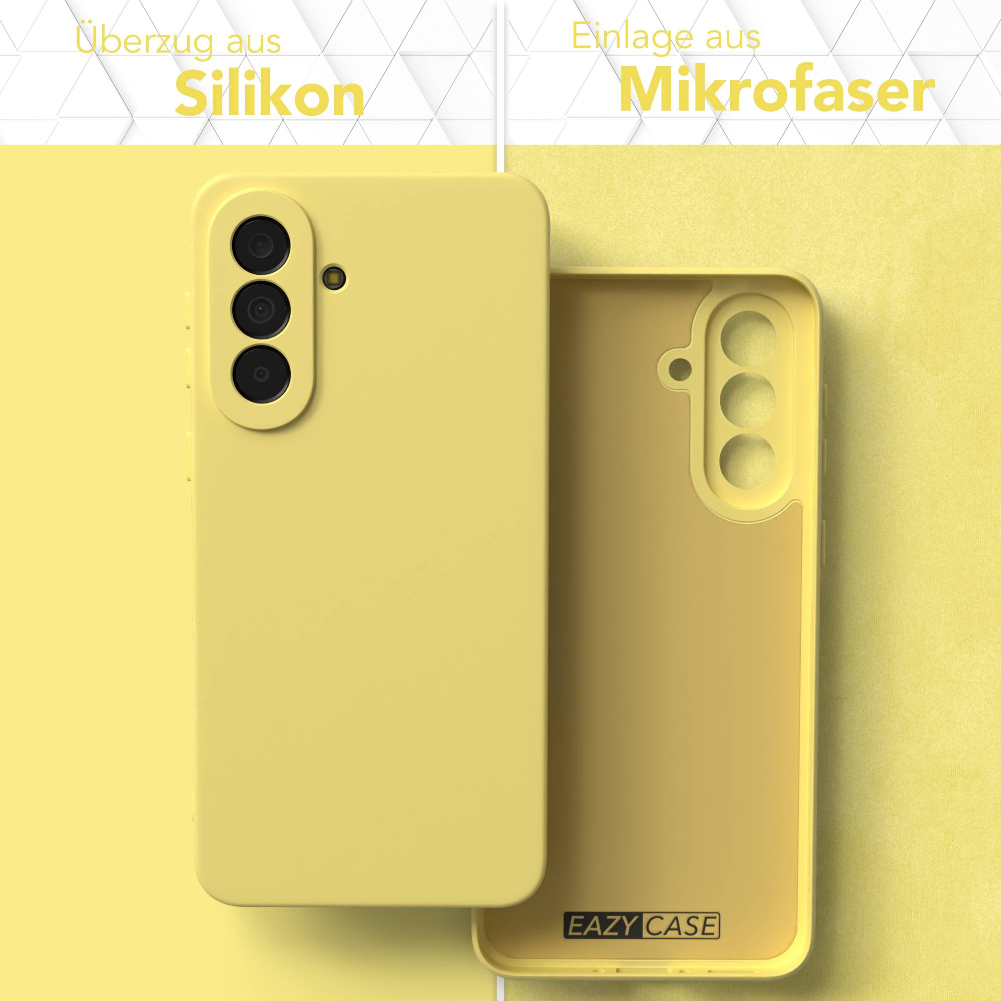 Gelbes Handycover aus Silikon und Mikrofaser. Nahaufnahme.