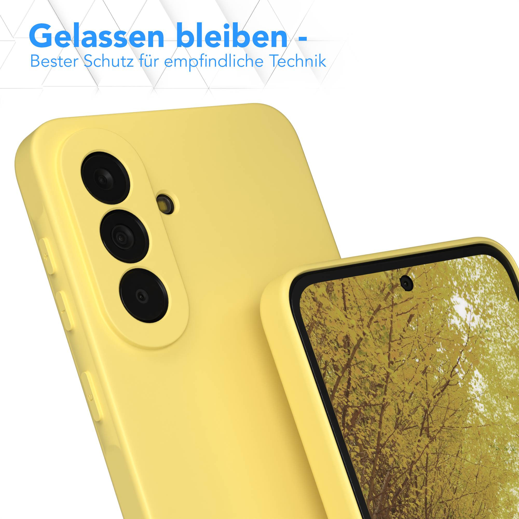Gelbes Handy mit drei Kameras und Bildschirm mit Herbstlaub.