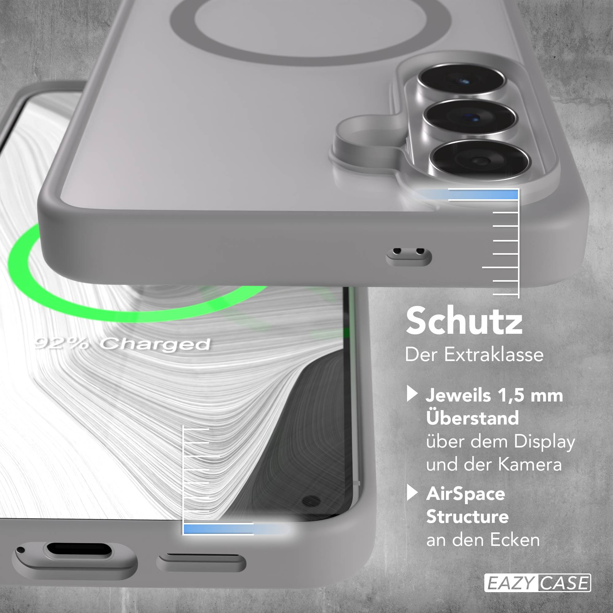Graue Handyhülle mit Kameraausschnitt und Ladeanzeige (92% Charged).