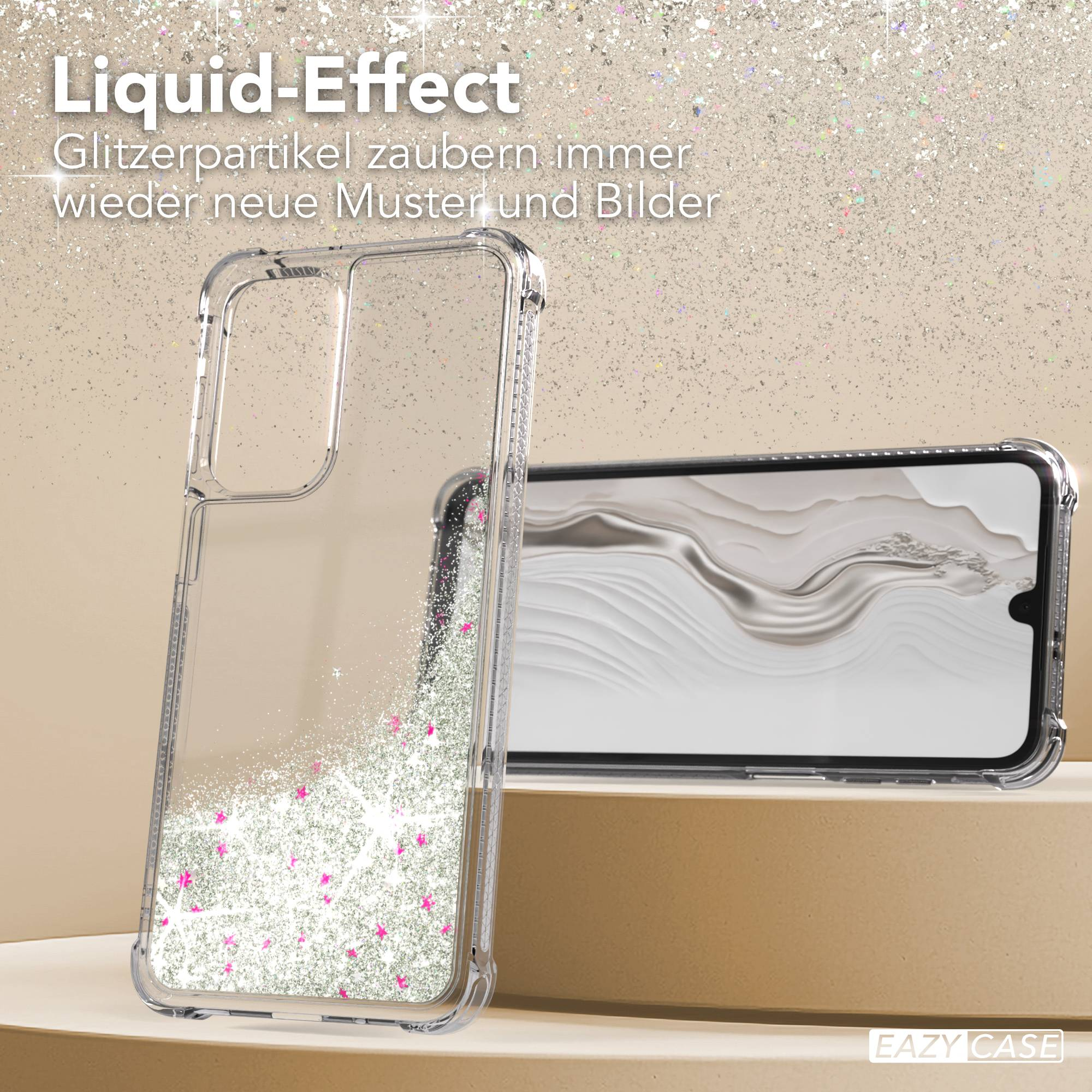 Transparente Handyhülle mit schimmernden Glitzerpartikeln in Silber und Pink.
