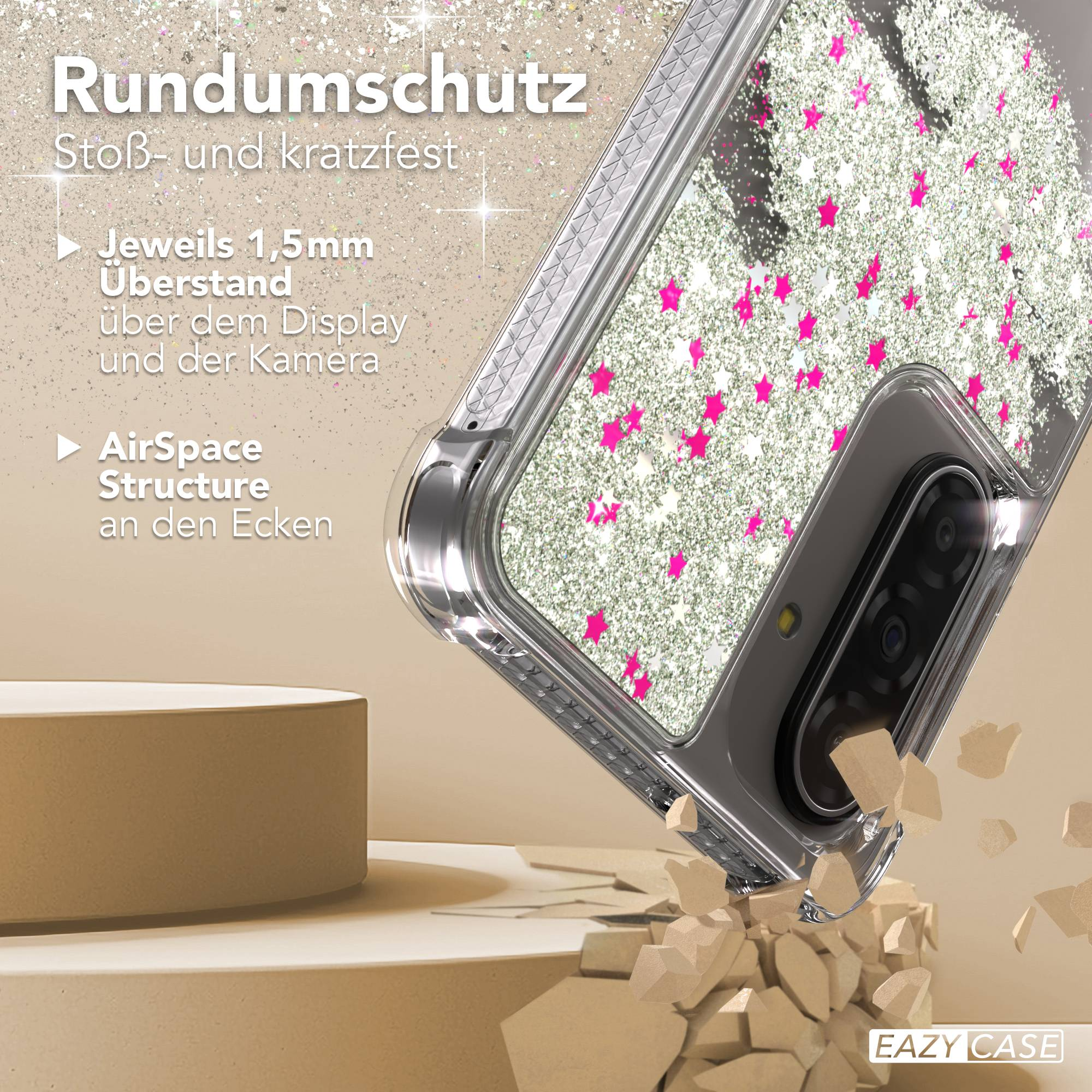 Ein durchsichtiger Handyhülle mit Glitzer und Sternen, der ein Handy schützt.