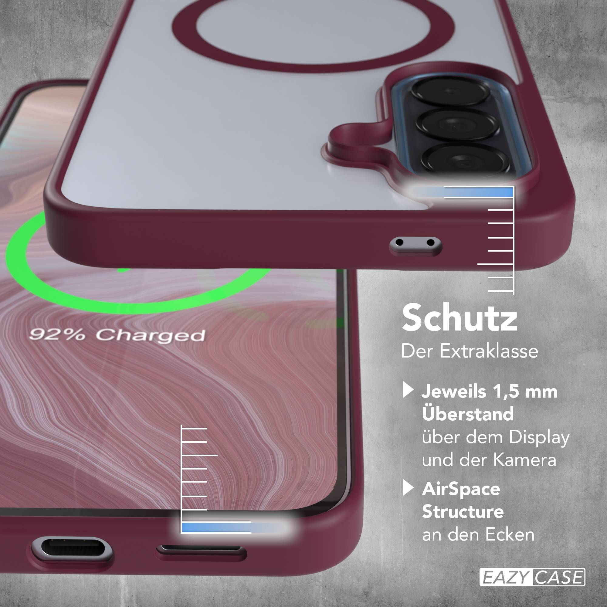 Ein dunkelrotes Handycover schützt ein Handy, das zu 92% geladen ist.