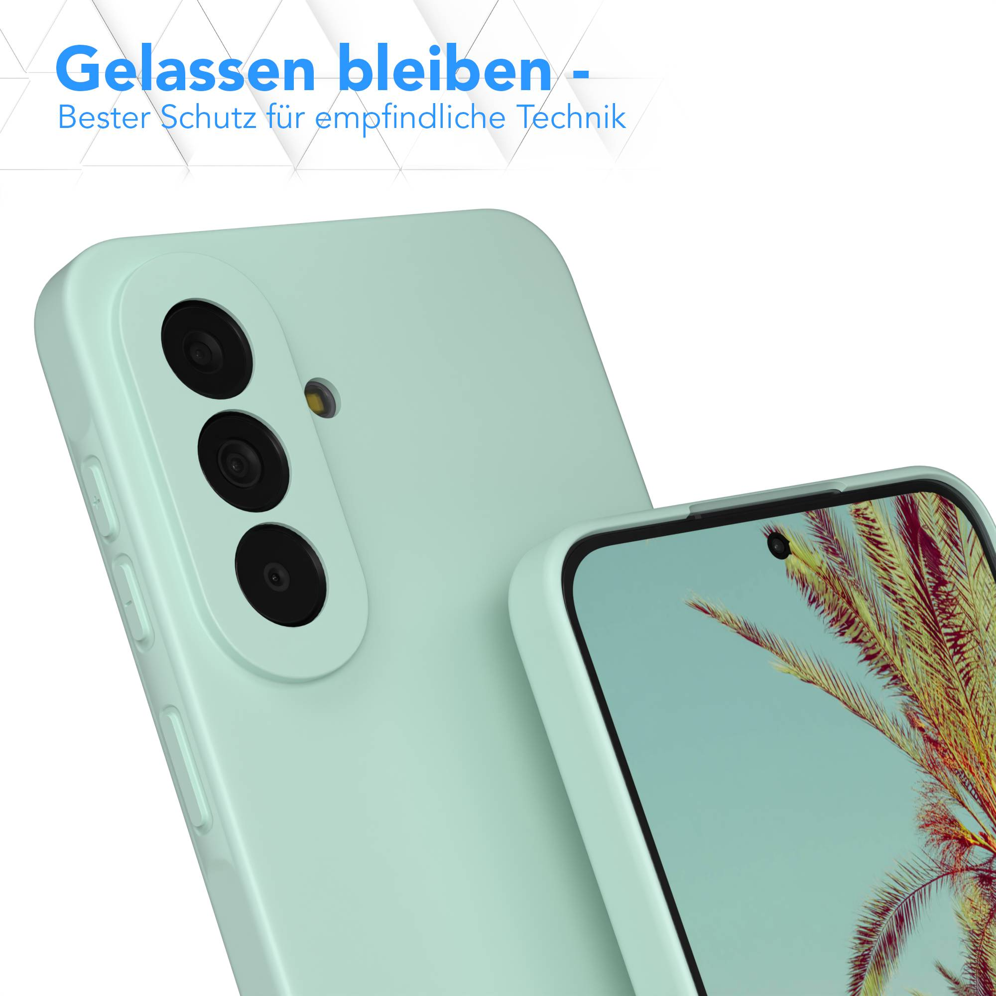 Ein mintgrünes Smartphone mit drei Kameras und einem Bildschirm mit Palmenmotiv.