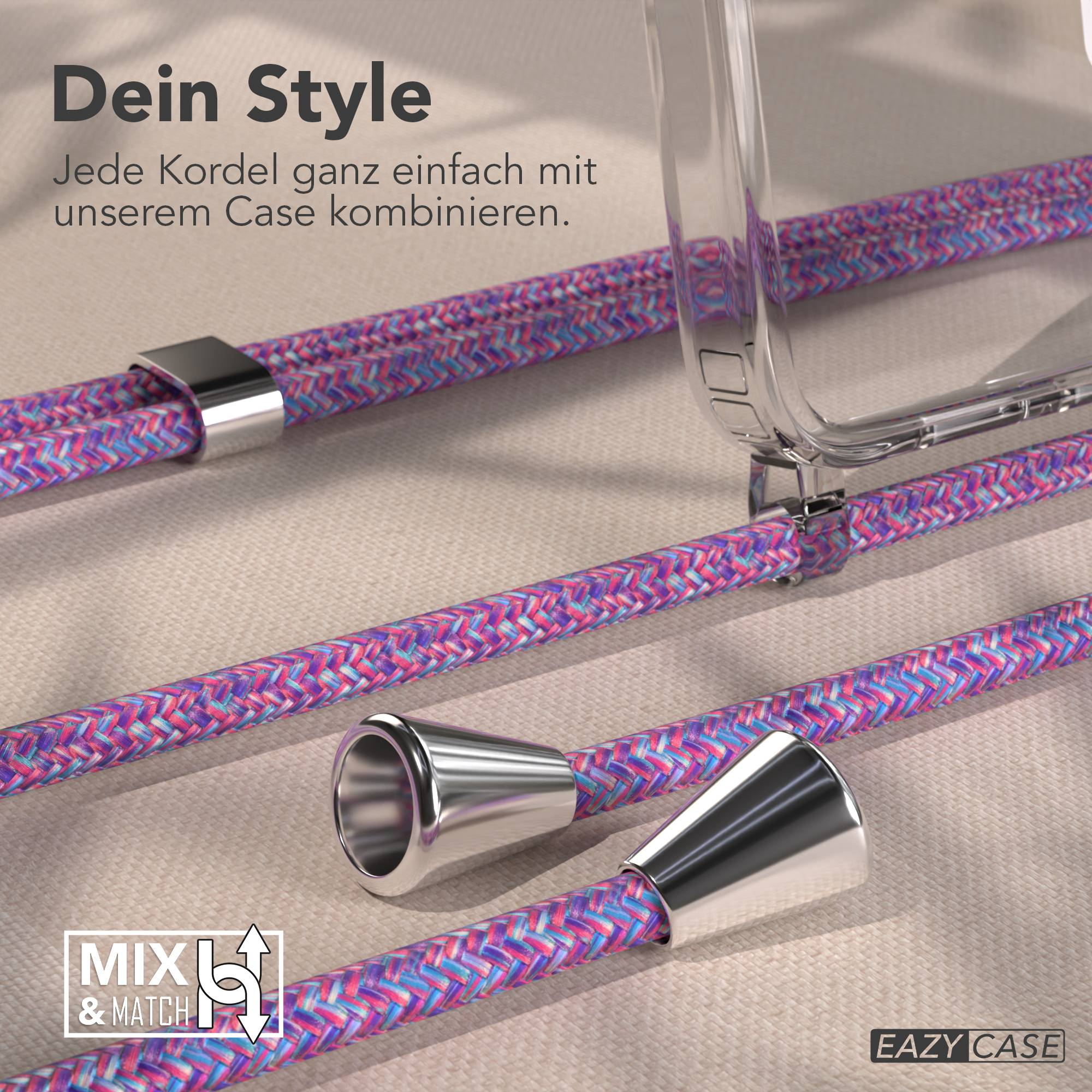 Bunte Kordeln mit silbernen Endstücken und einem transparenten Case.