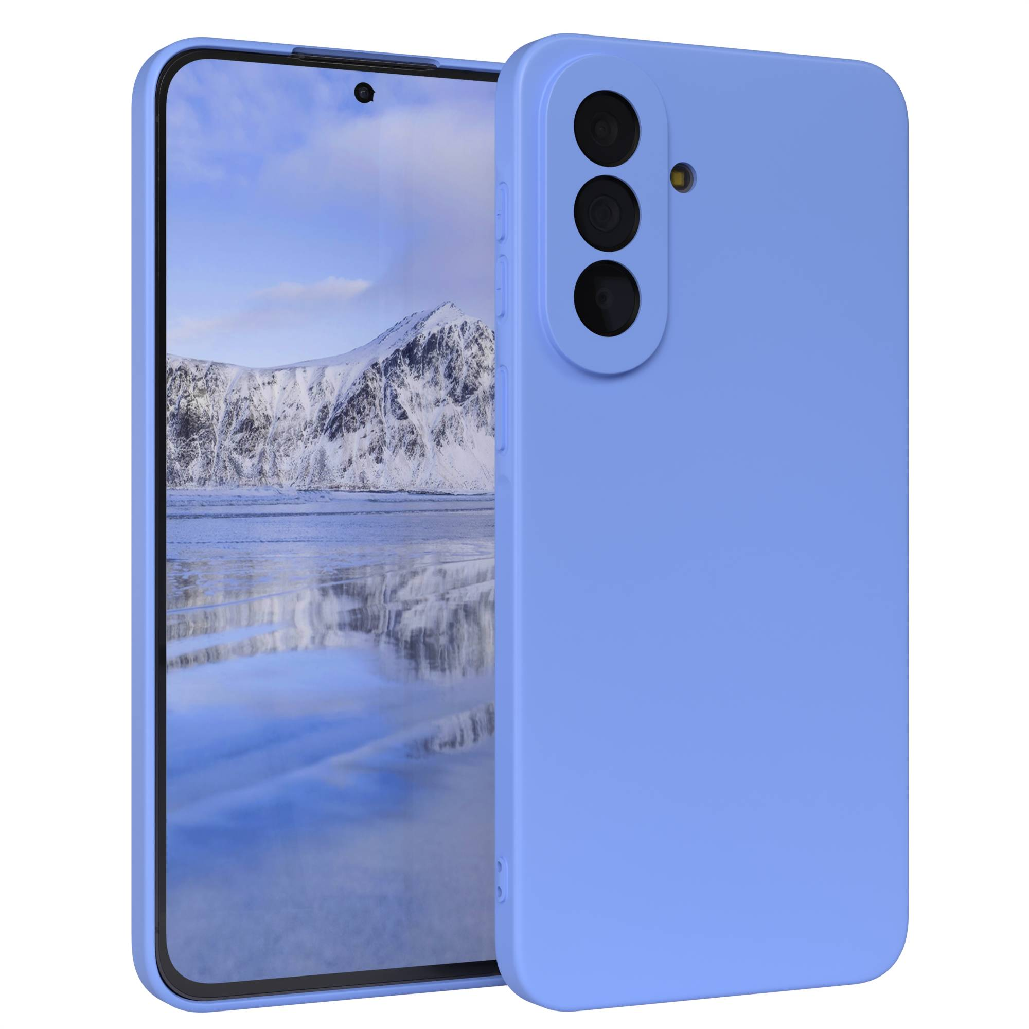 Ein lilafarbenes Smartphone mit drei Kameras und einem Hintergrundbild eines schneebedeckten Berges.