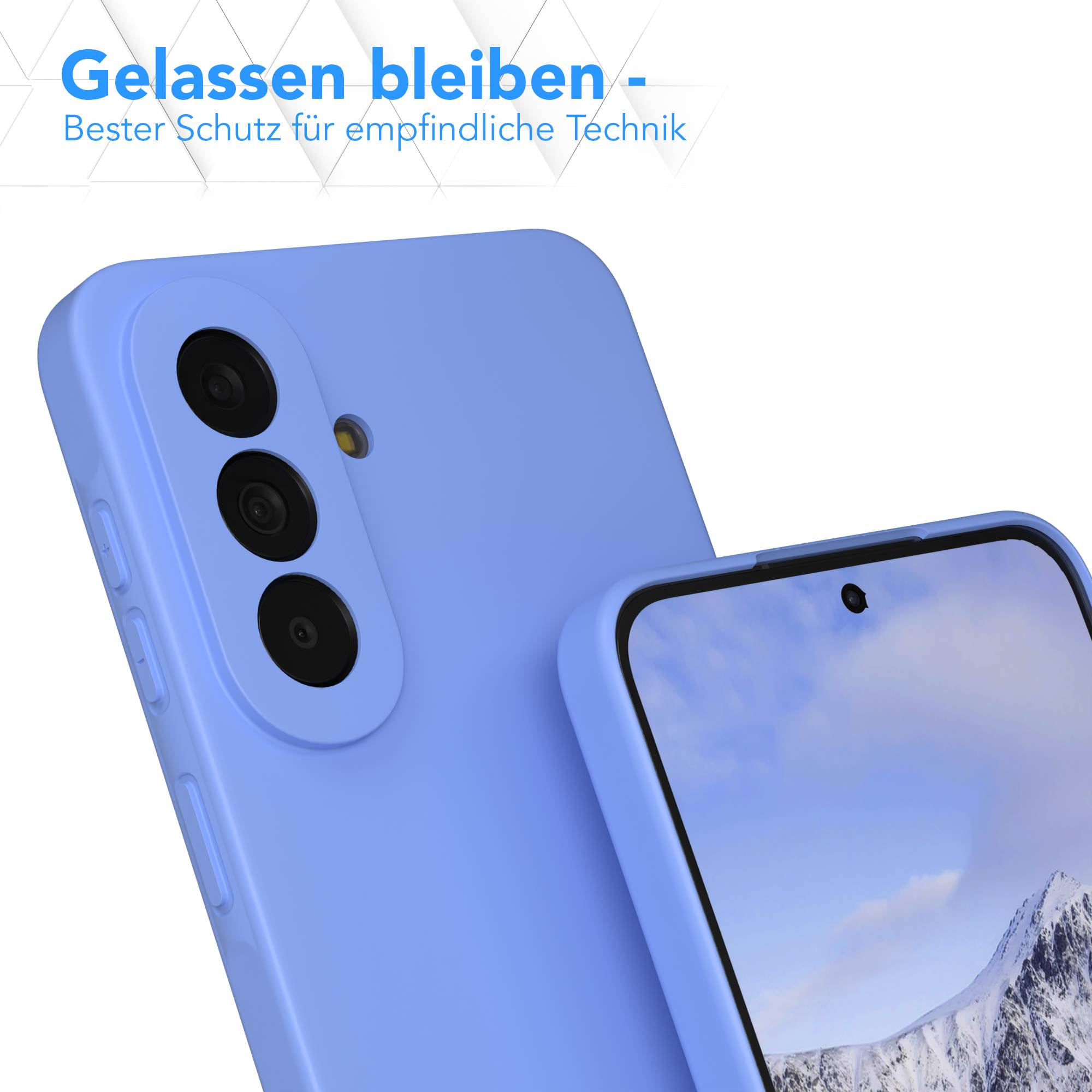 Ein lila Handy mit drei Kameras auf der Rückseite und einem Bergmotiv auf dem Bildschirm.