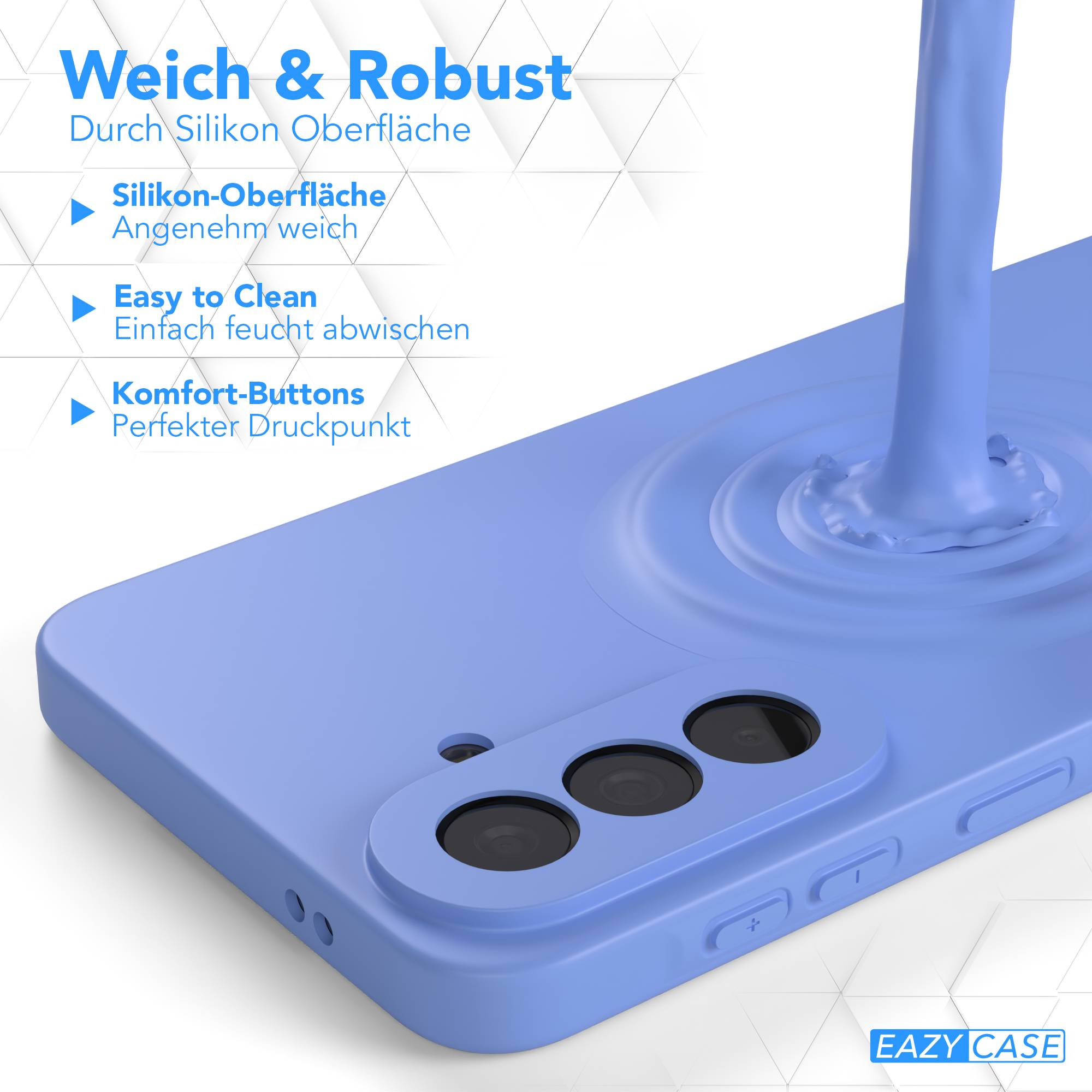 Eine blaue Handyhülle mit einem Tropfen blauer Flüssigkeit, der darauf fällt.