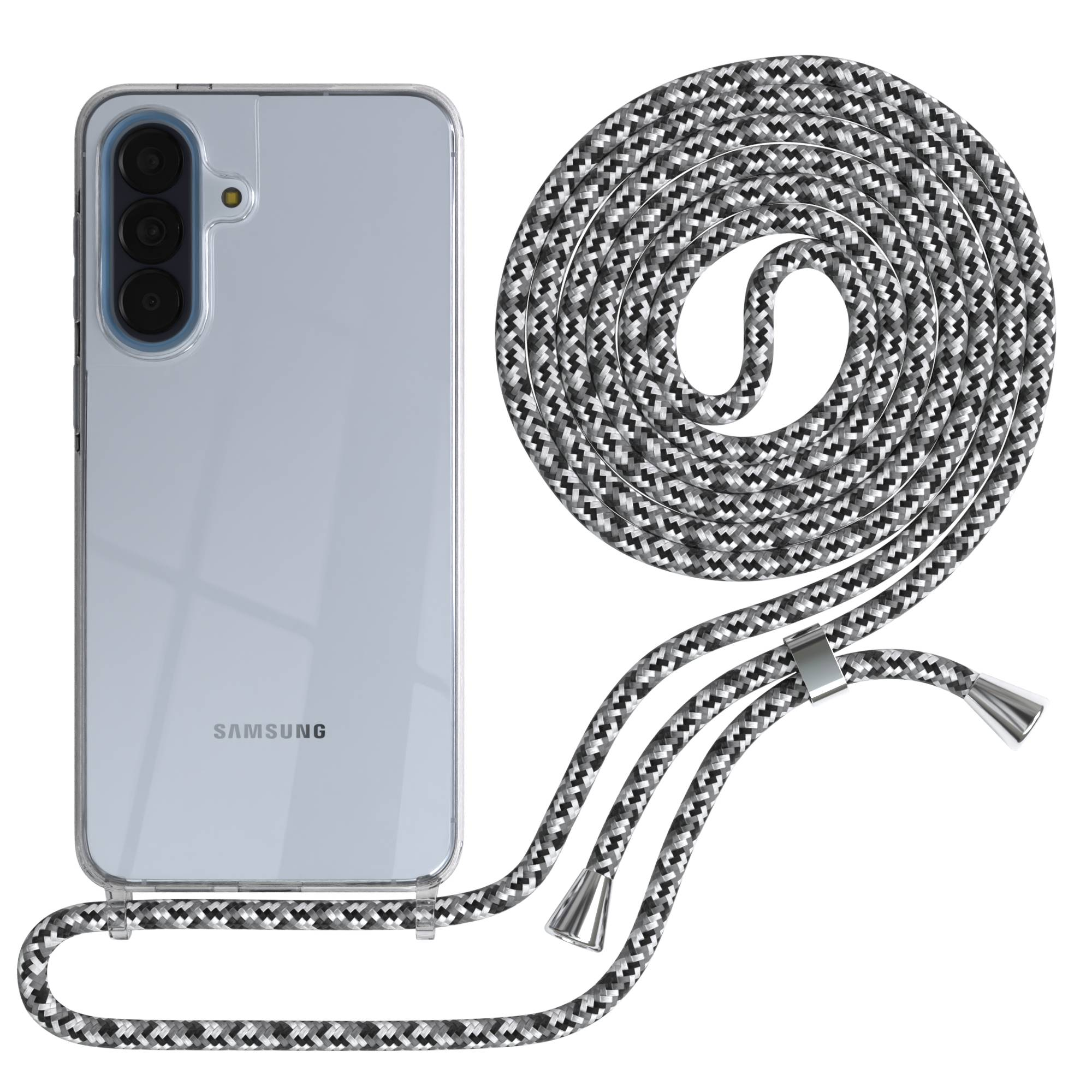 Eine durchsichtige Handyhülle auf einem Samsung-Handy mit einer schwarz-weiß-grauen geflochtenen Handschlaufe.