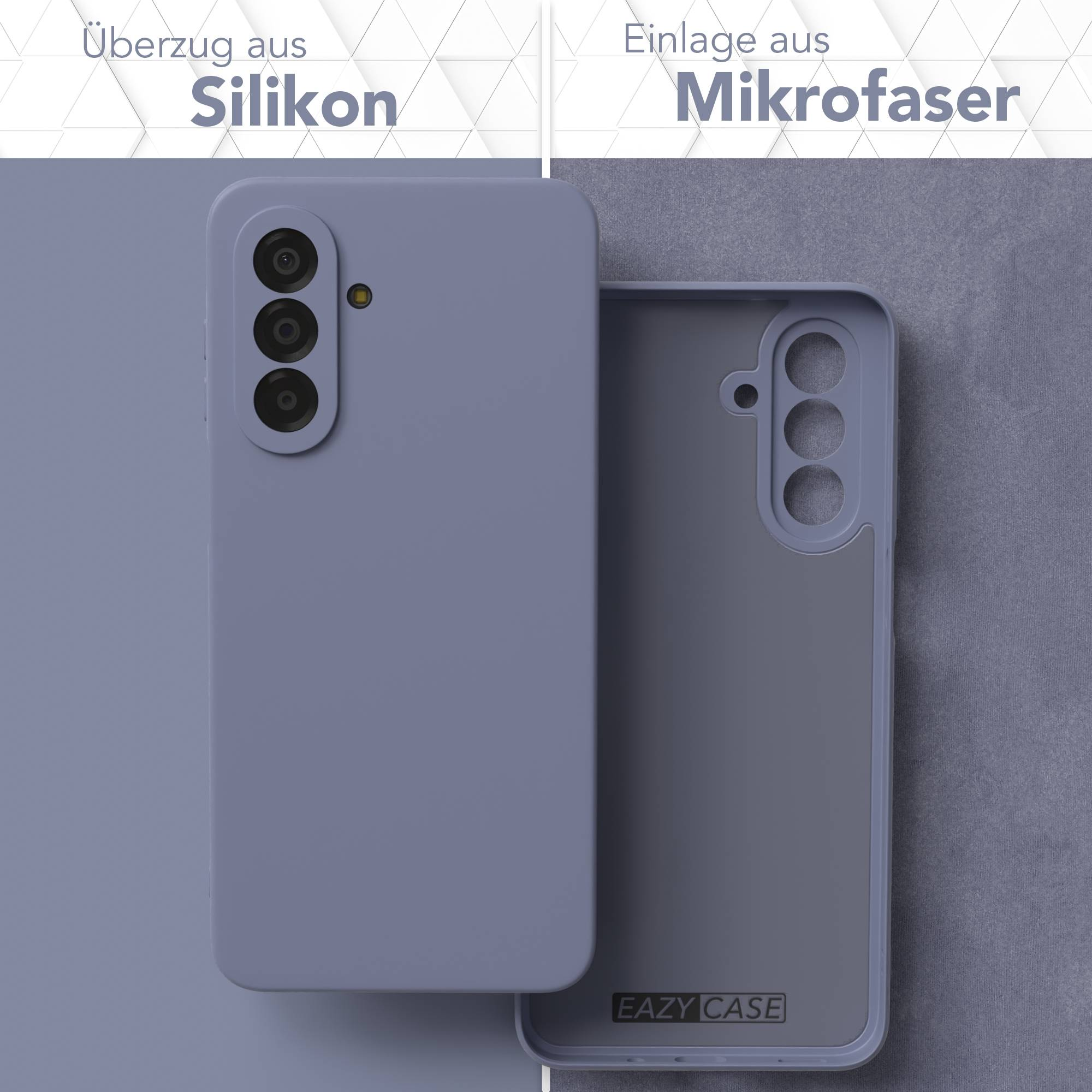 Zwei Handyhüllen nebeneinander: links Silikon, rechts Mikrofaser. Kamera und Logo sichtbar.
