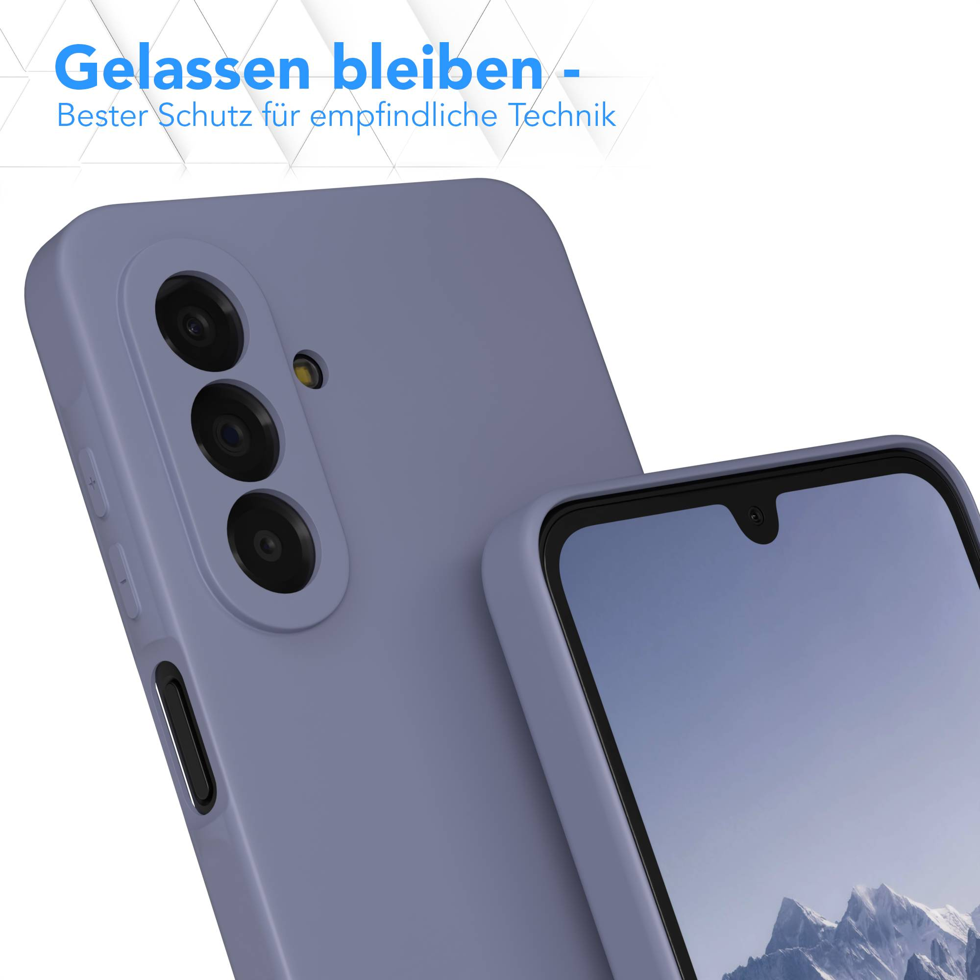 Ein lila Handy mit drei Kameras und einer Berglandschaft auf dem Bildschirm.