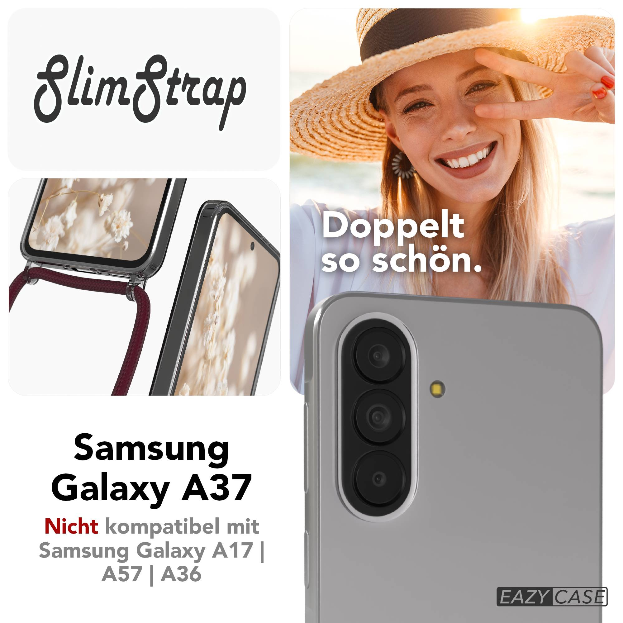 Ein Samsung Galaxy A37 Handy mit drei Kameras und einem Band.