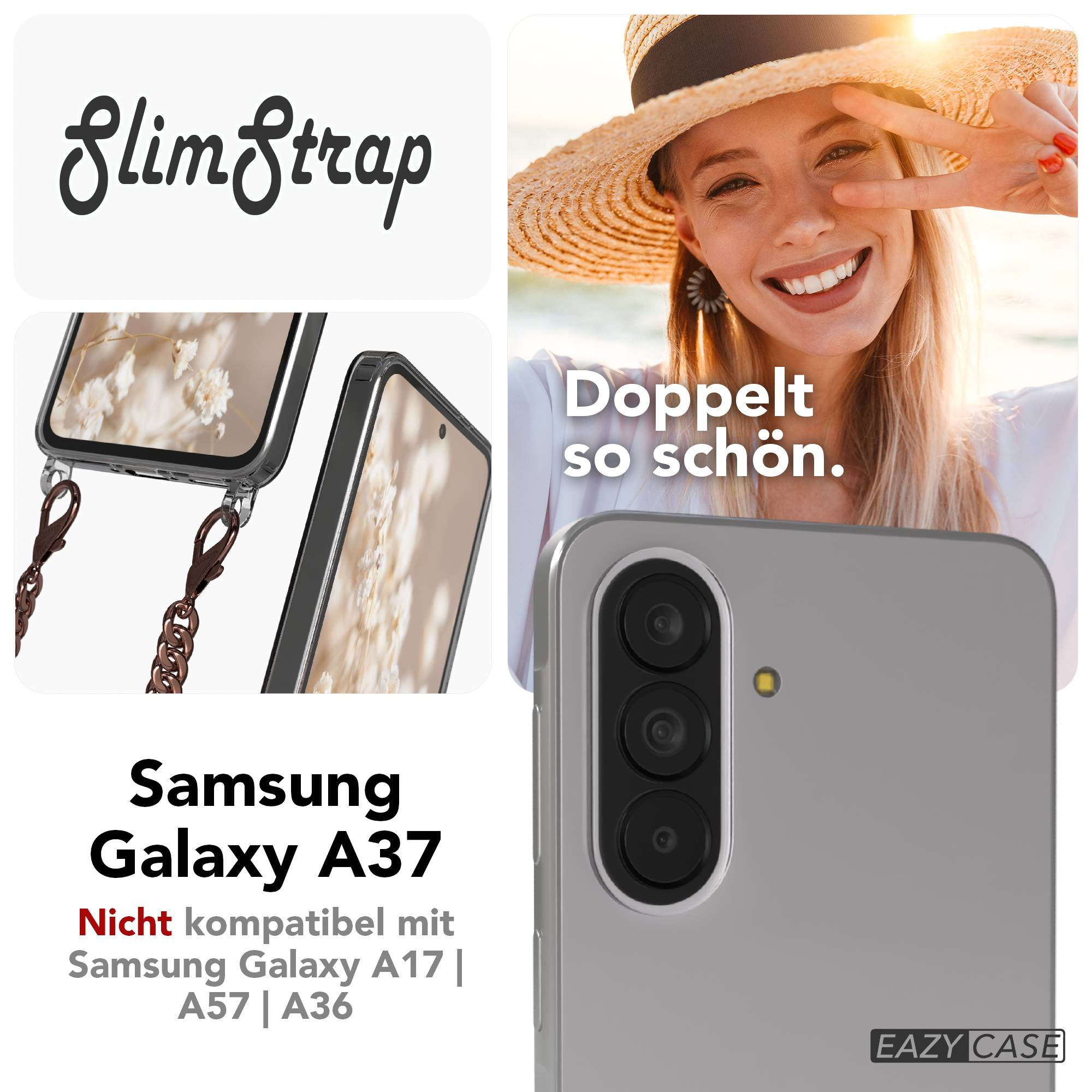 Samsung Galaxy A37 Hülle mit Kette. Frau mit Hut und V-Geste.