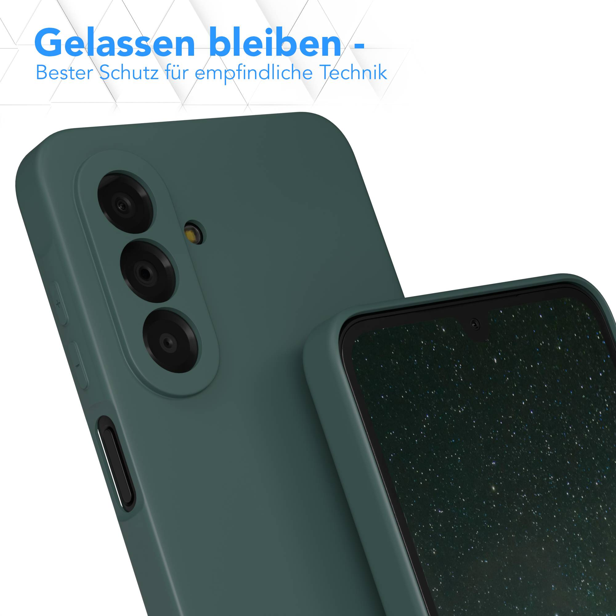 Dunkelgrüne Handyhülle mit drei Kameras und einem Bildschirm.
