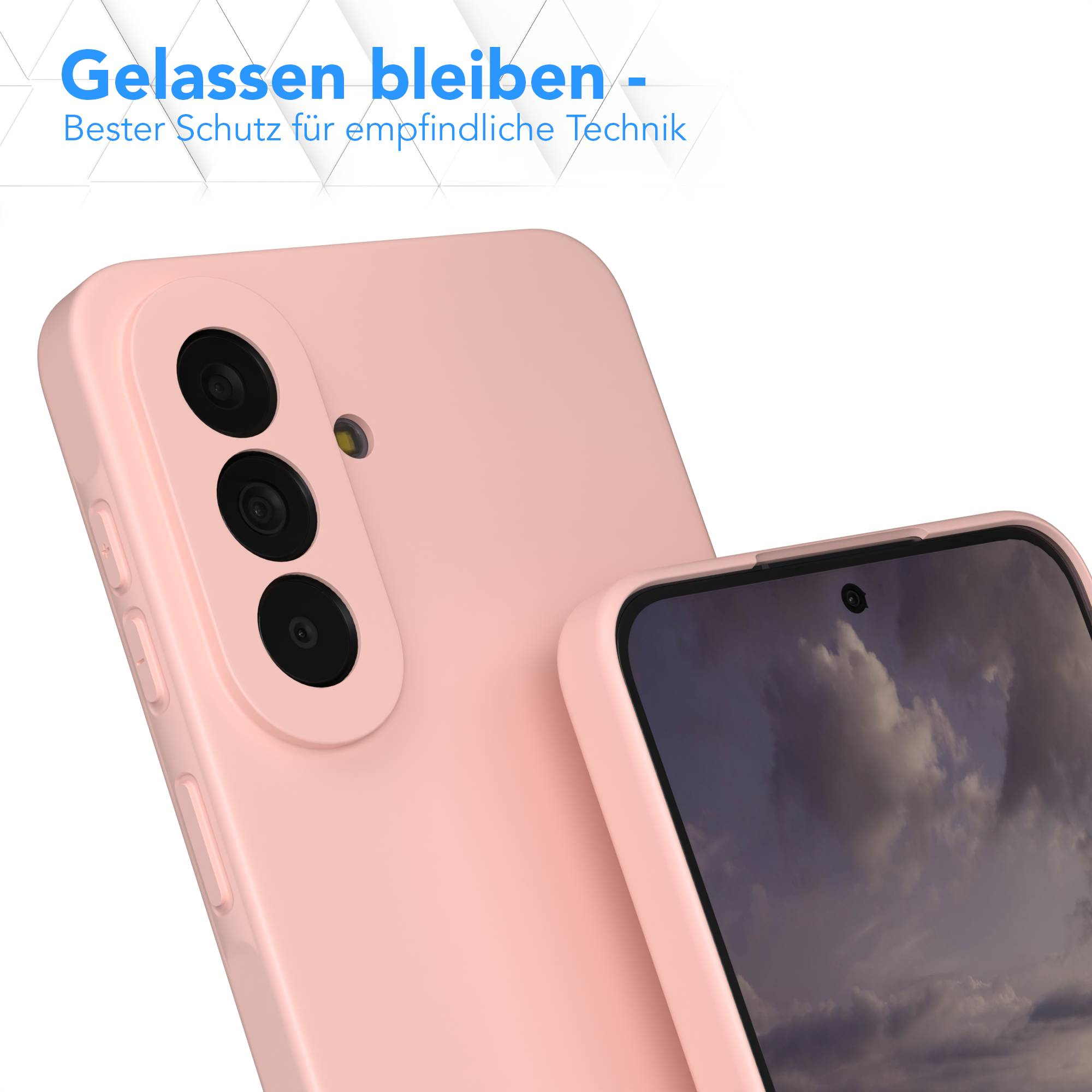 Ein rosa Handy mit drei Kameras und einem blauen Text.